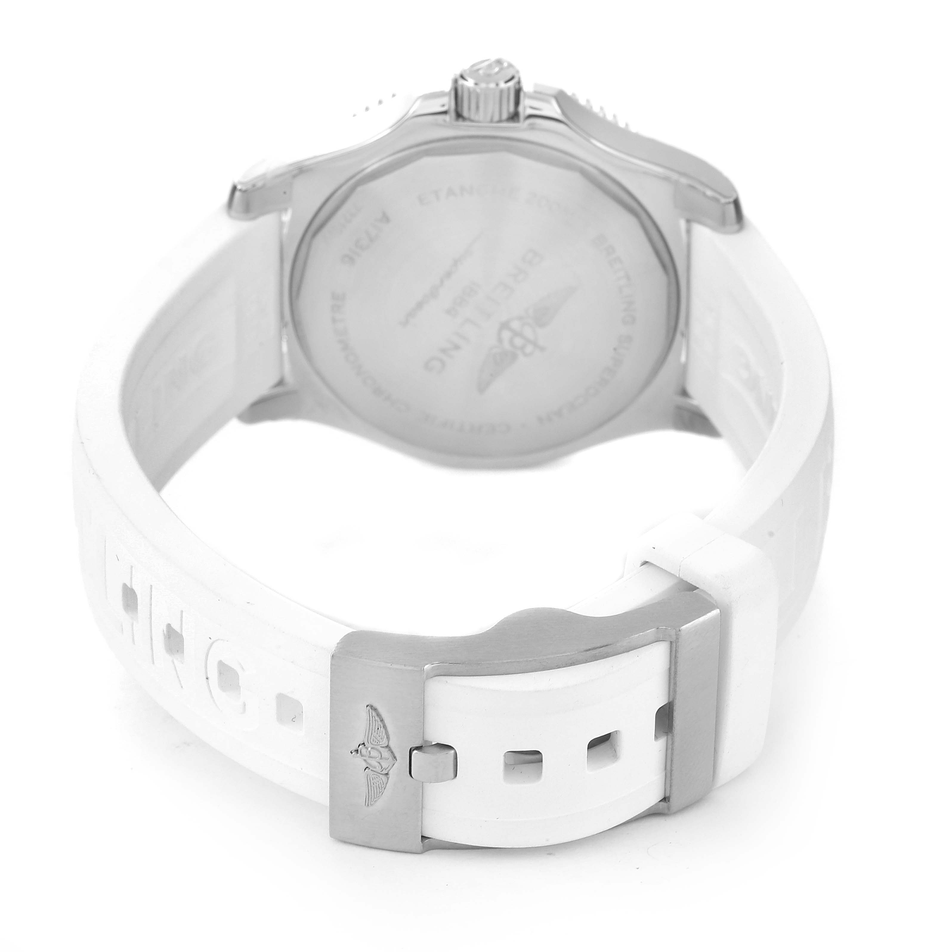 This image shows the back angle of the Breitling A17316 Women's Stainless Steel White Dial A17316 Women's Stainless Steel White Dial Superocean 36mm White Dial Ladies Watch A17316, highlighting the clasp and band.
