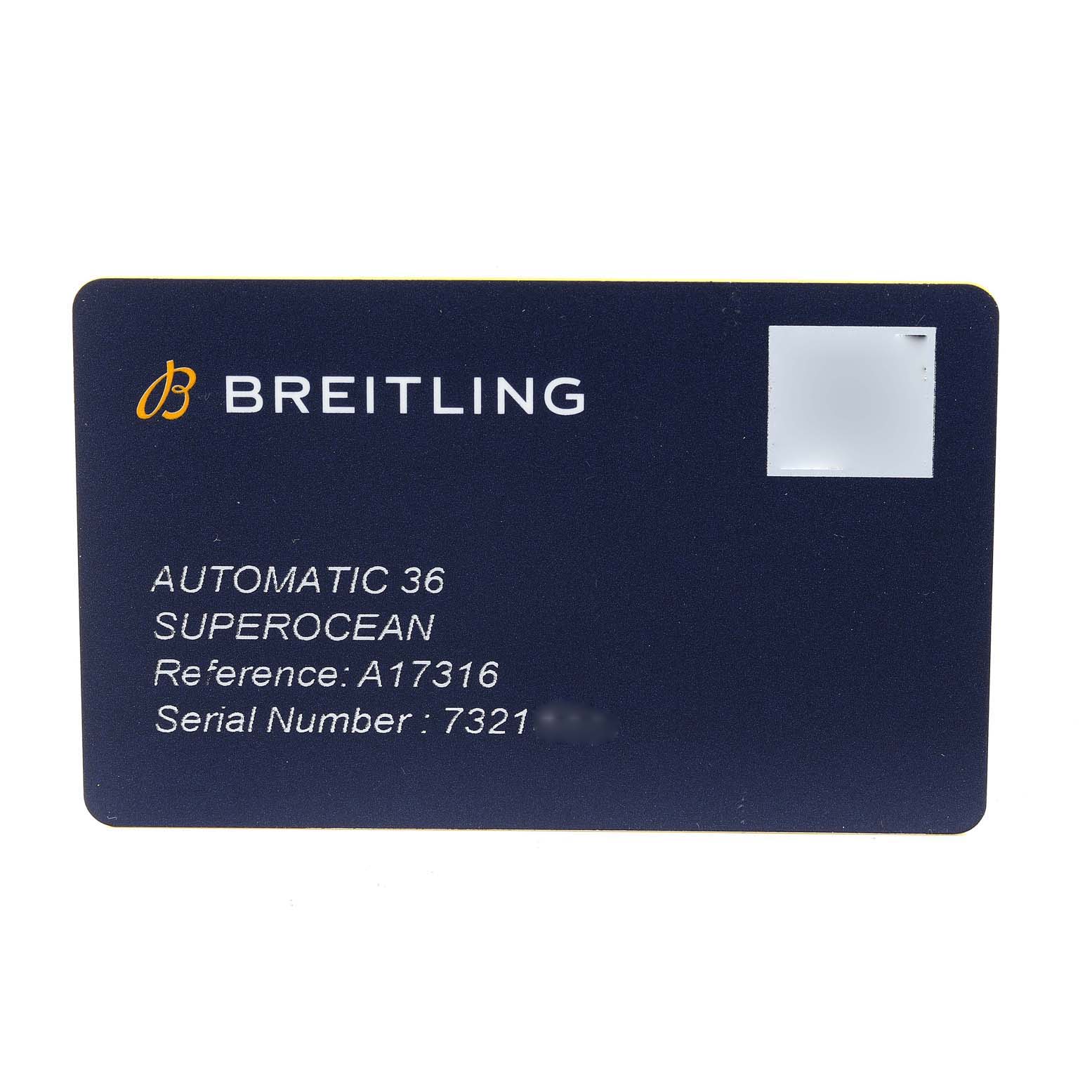 The image shows the authentication card for the Breitling A17316 Women's Stainless Steel White Dial A17316 Women's Stainless Steel White Dial Superocean 36mm White Dial Ladies Watch, model A17316.