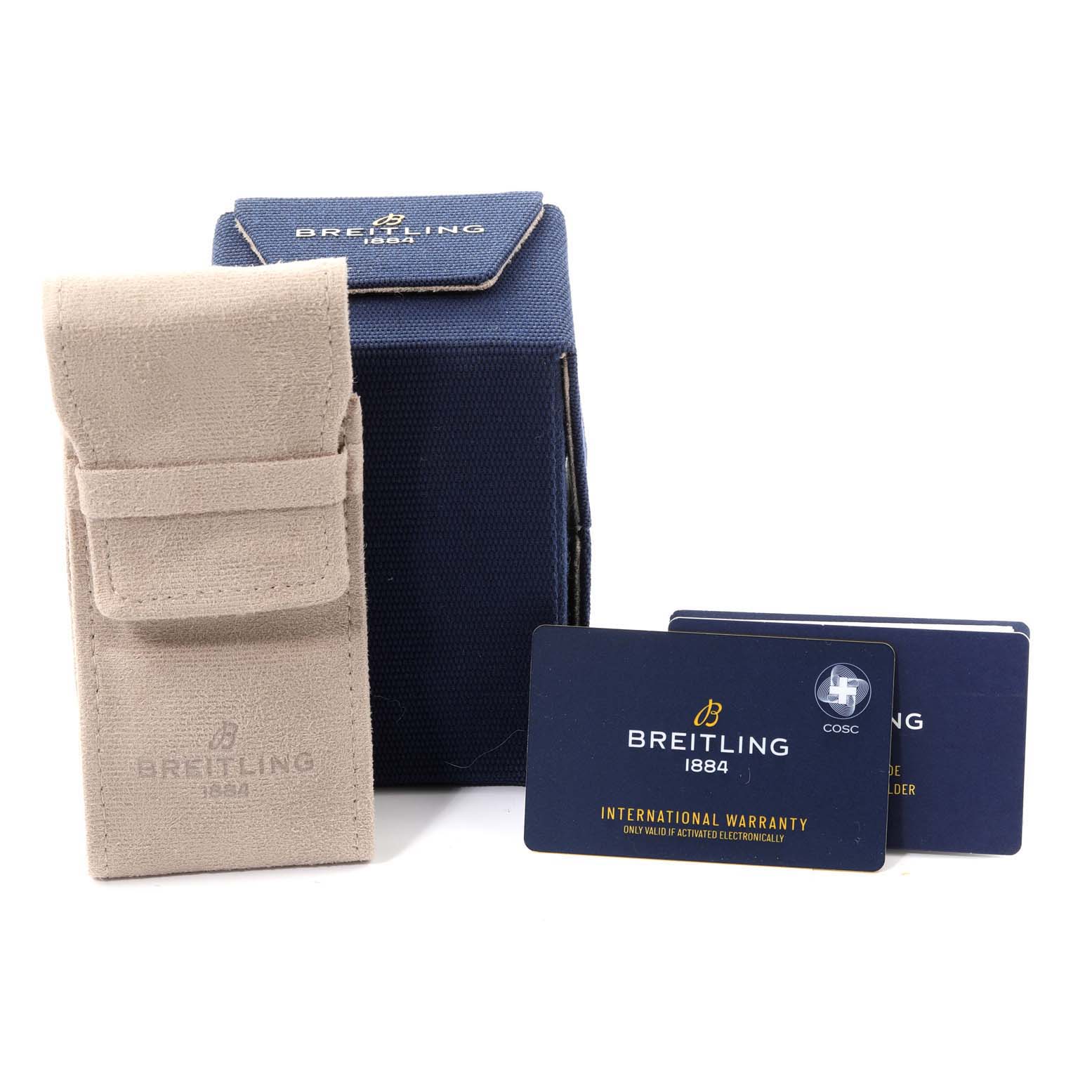 The image shows accessories for the Breitling A17316 Women's Stainless Steel White Dial A17316 Women's Stainless Steel White Dial Superocean 36mm White Dial Ladies Watch A17316, including a storage pouch, box, and warranty cards.