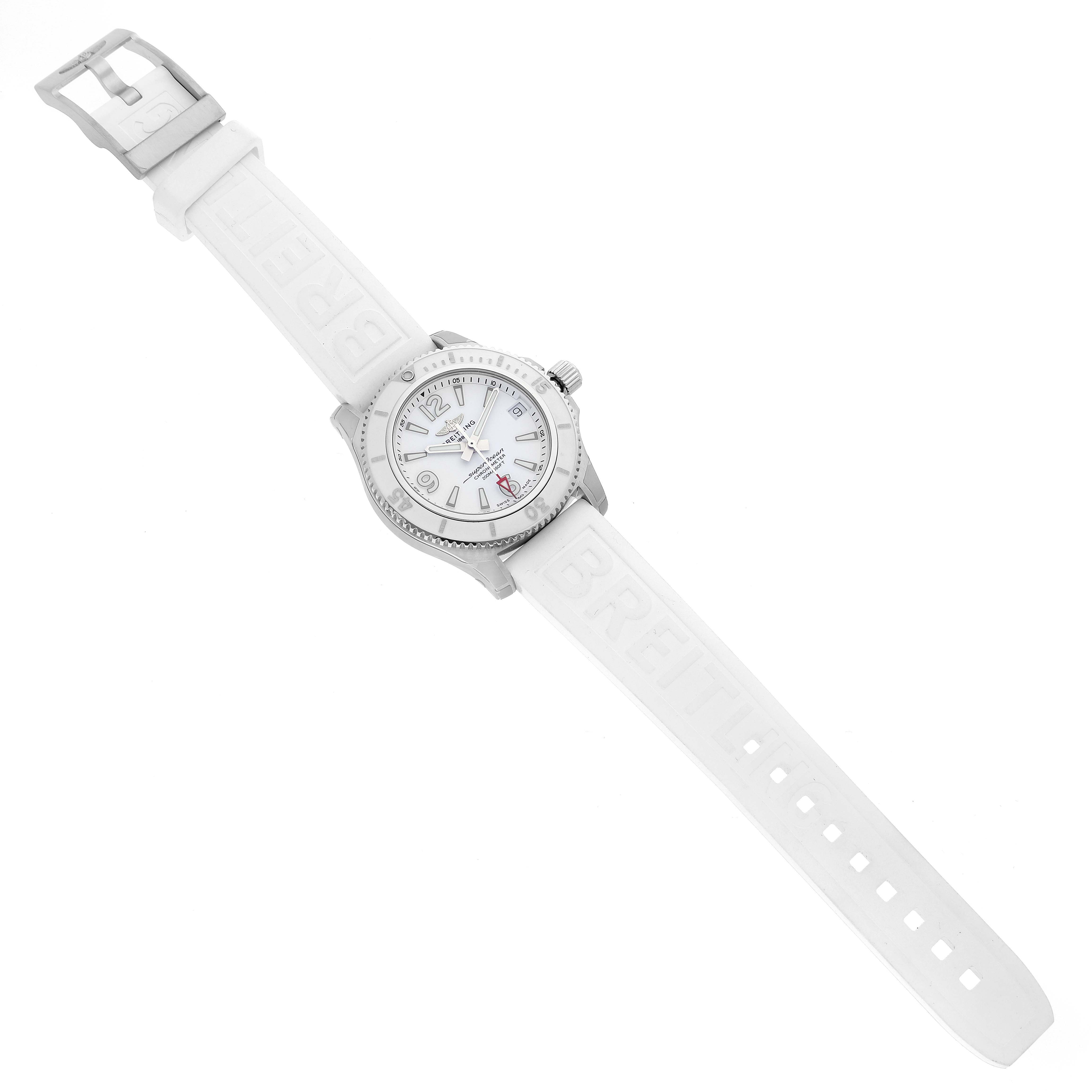 The Breitling A17316 Women's Stainless Steel White Dial A17316 Women's Stainless Steel White Dial Superocean 36mm White Dial Ladies Watch A17316 Unworn model is shown from a top-down angle, displaying the watch face, case, and strap.