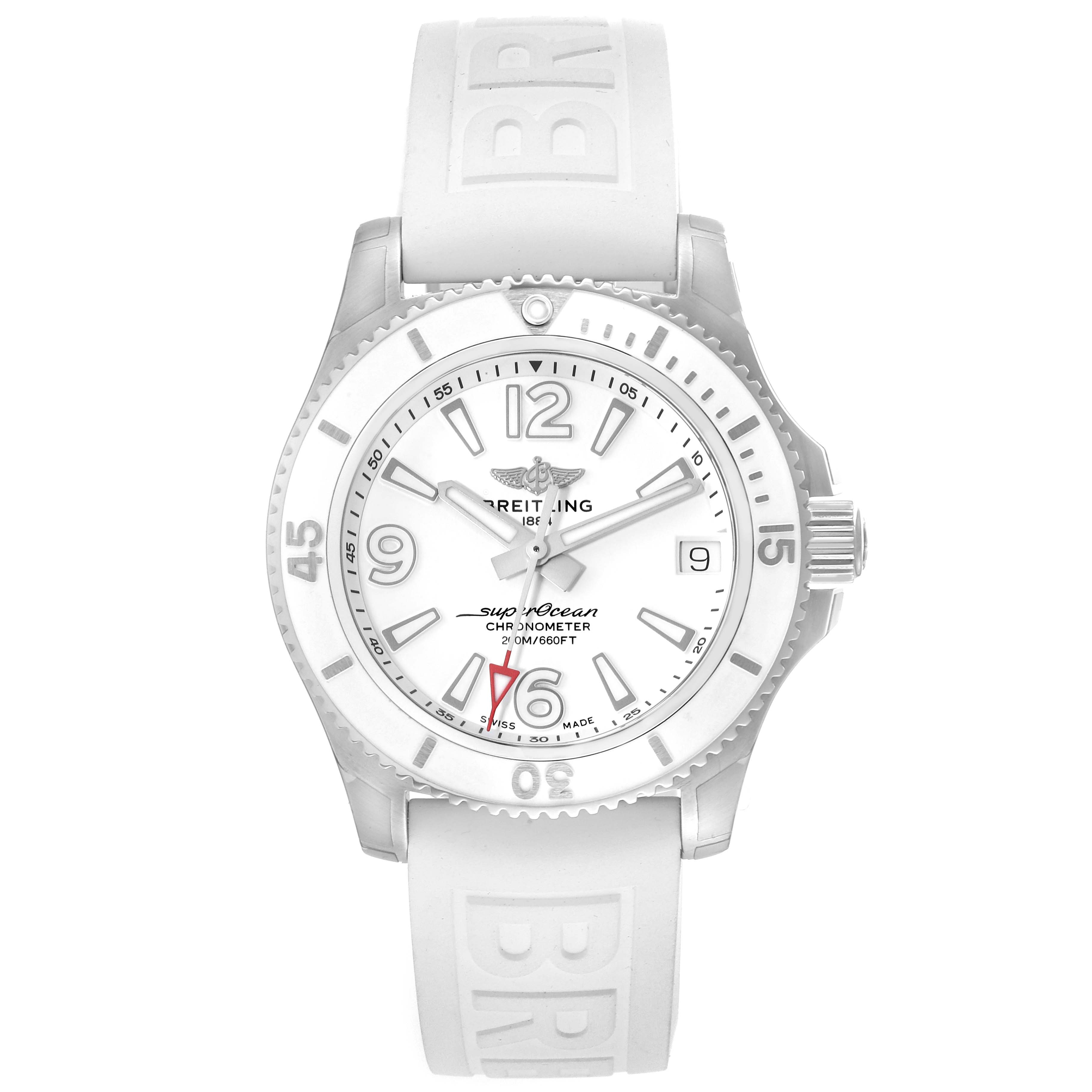 The image shows a front view of the Breitling A17316 Women's Stainless Steel White Dial A17316 Women's Stainless Steel White Dial Superocean 36mm White Dial Ladies Watch A17316.