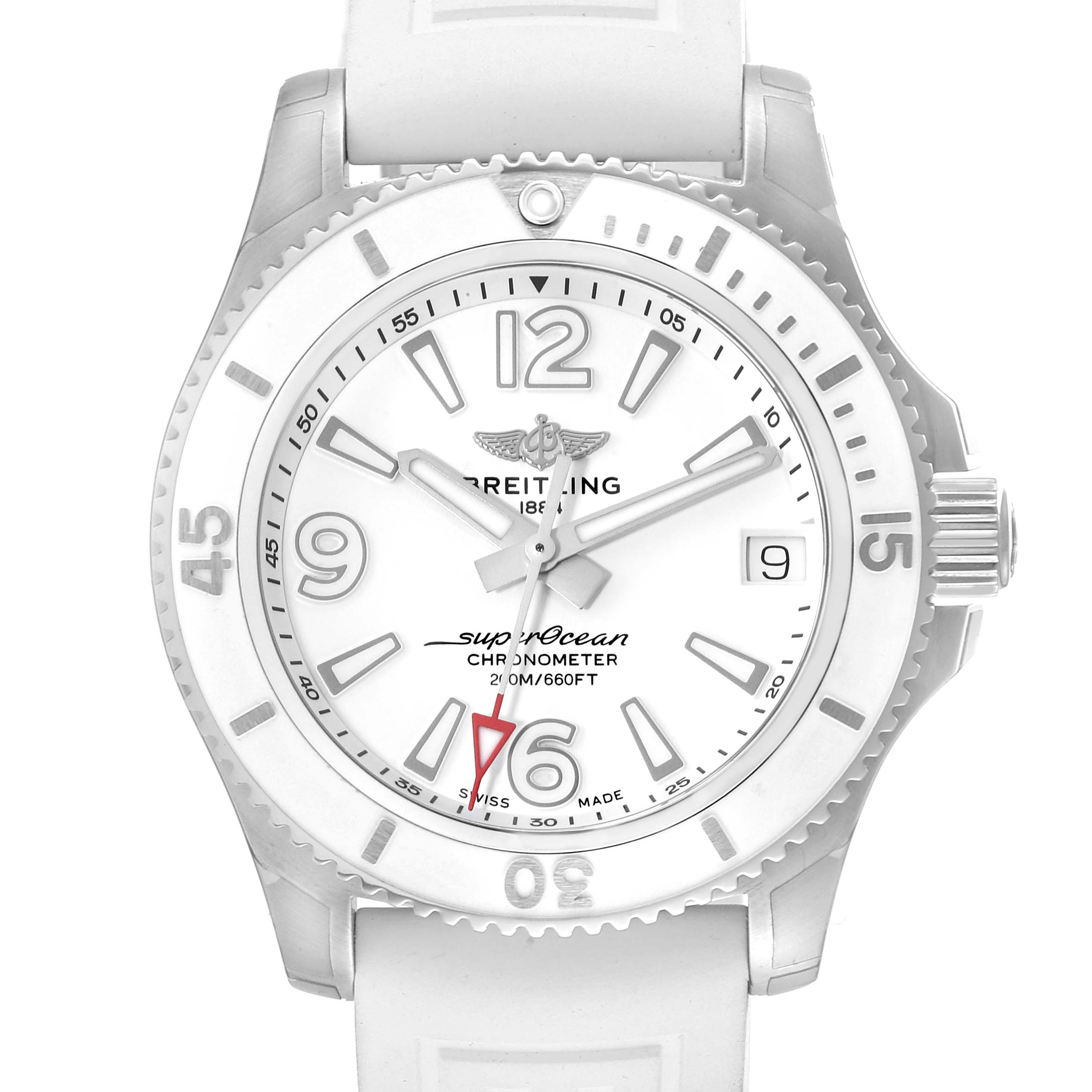 This image shows a front view of the Superocean 36mm White Dial Ladies Watch A17316 by Breitling A17316 Women's Stainless Steel White Dial A17316 Women's Stainless Steel White Dial, featuring its dial, bezel, and strap.
