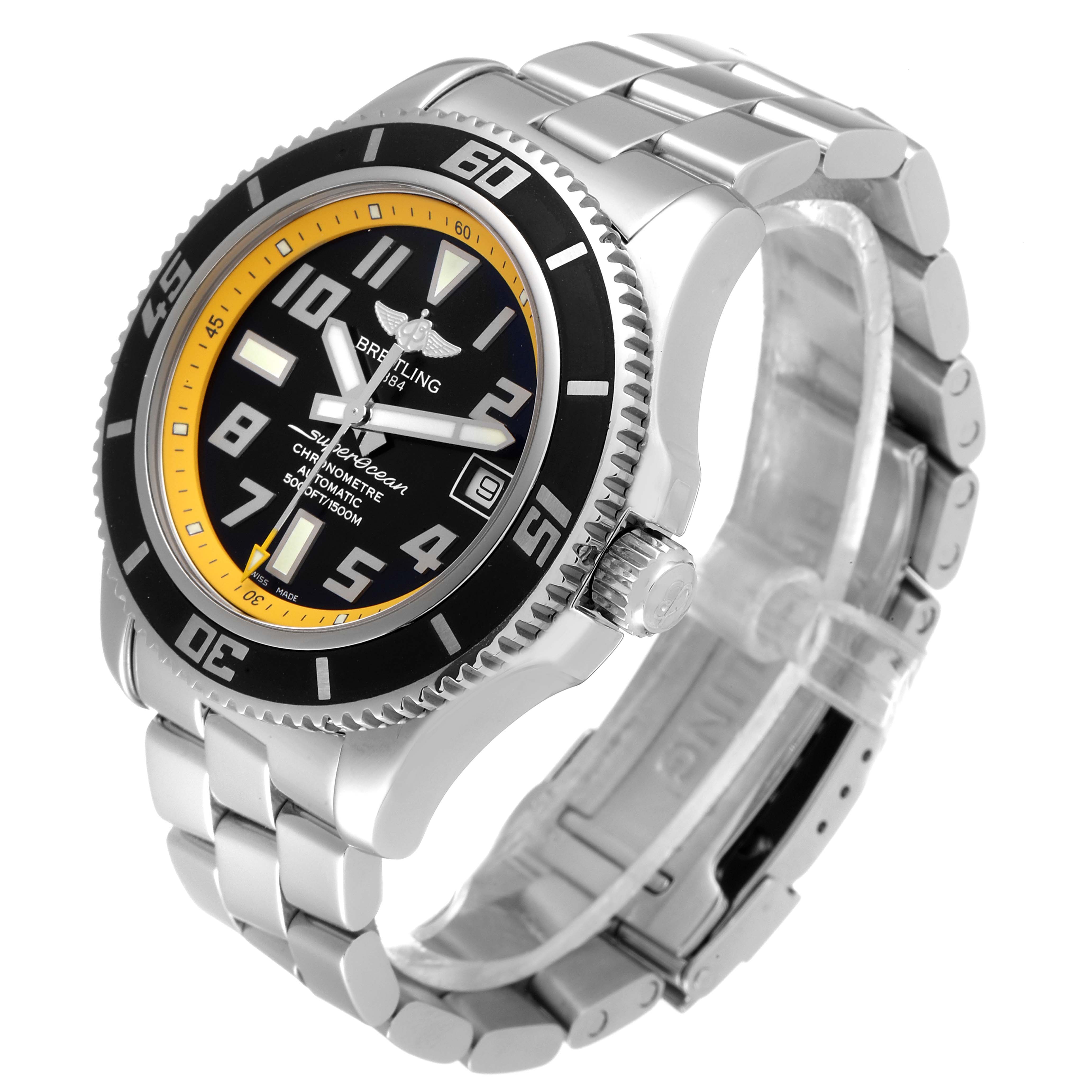 The Breitling Superocean A17364 Men's Stainless Steel Black Dial A17364 Men's Stainless Steel Black Dial watch is shown at a slight angle, displaying its face, bezel, crown, and metal bracelet.