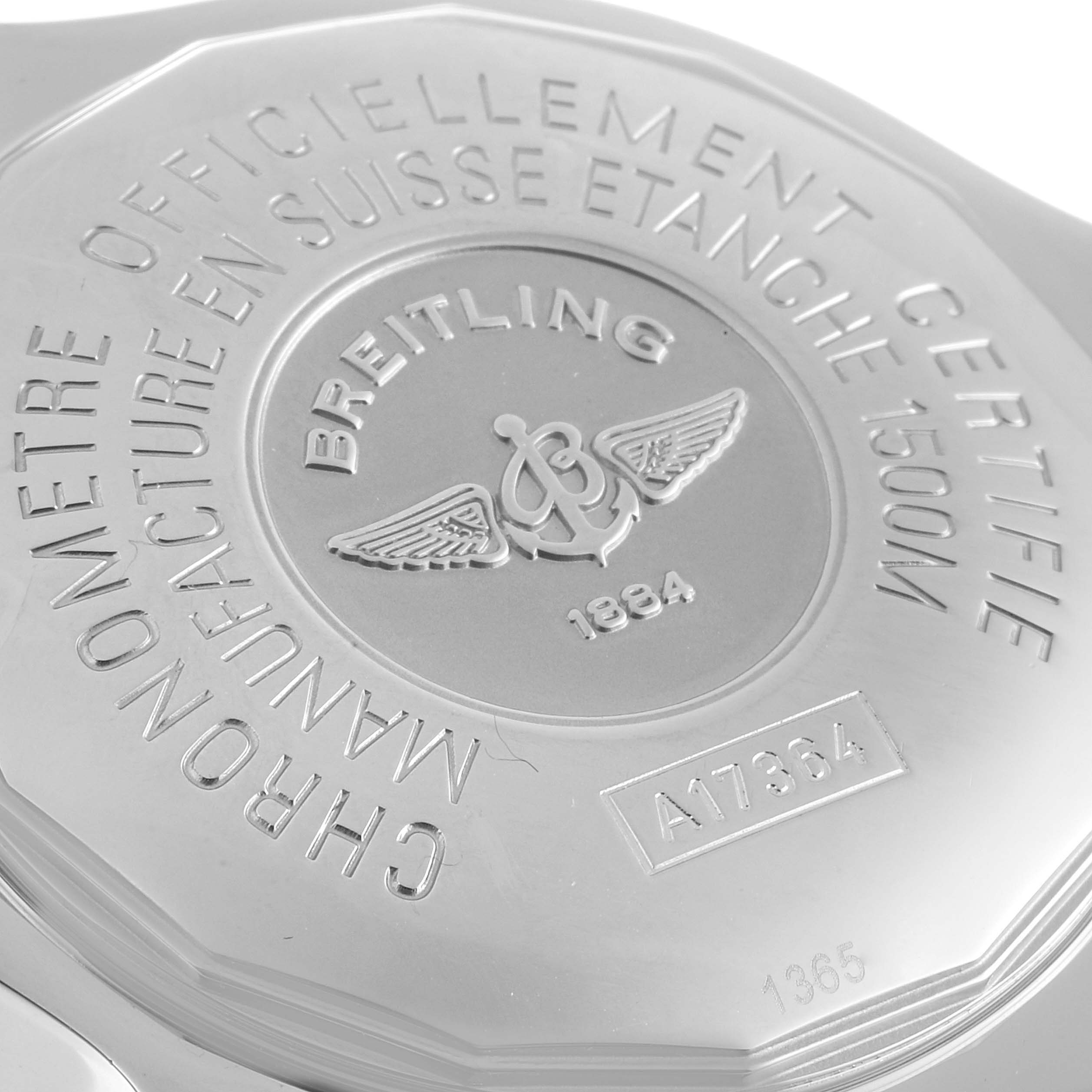 The image shows the back case of a Breitling Superocean A17364 Men's Stainless Steel Black Dial A17364 Men's Stainless Steel Black Dial watch, displaying its engravings and model number.