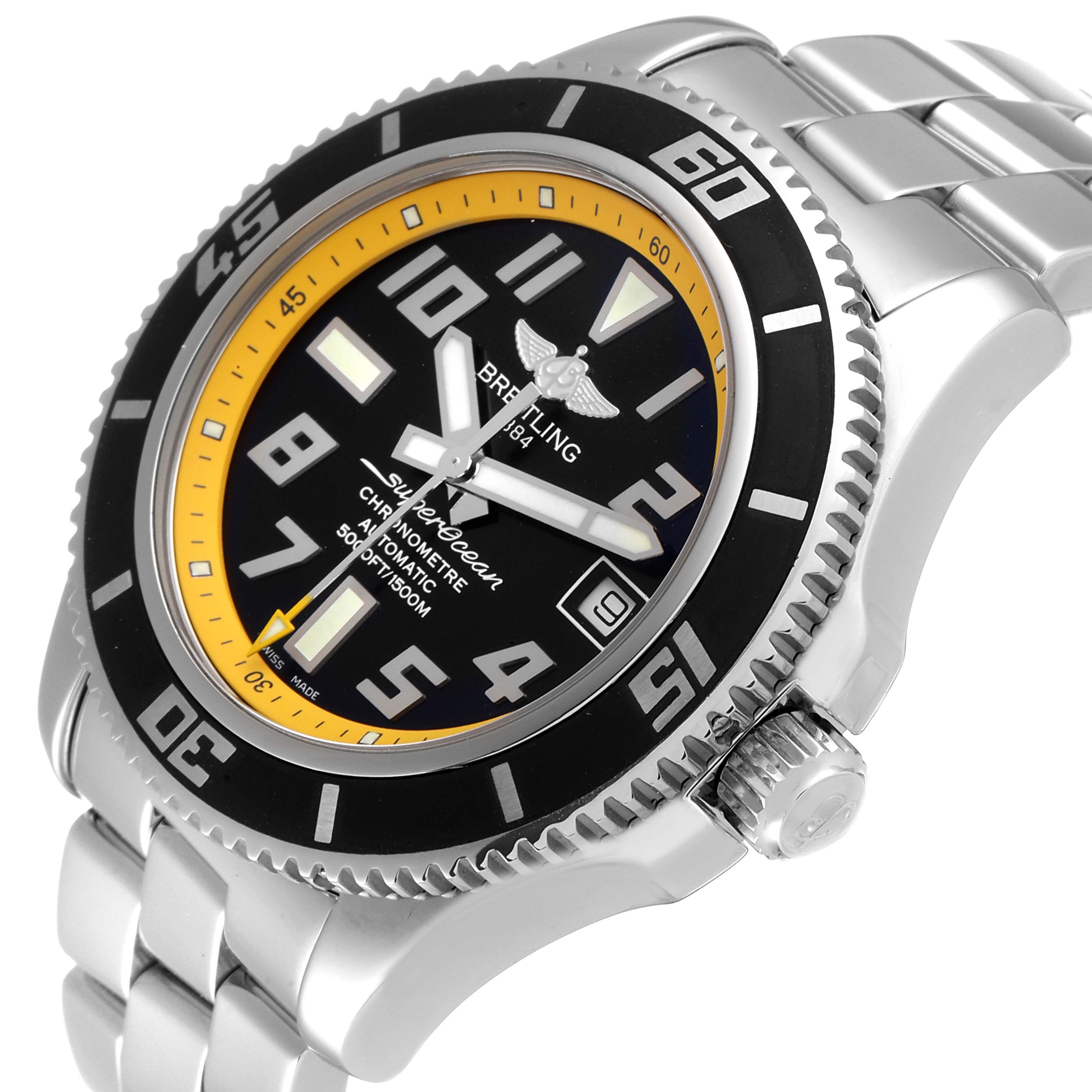 The Breitling Superocean A17364 Men's Stainless Steel Black Dial A17364 Men's Stainless Steel Black Dial watch is shown at a slightly angled view, highlighting its bezel, dial, crown, and part of the bracelet.