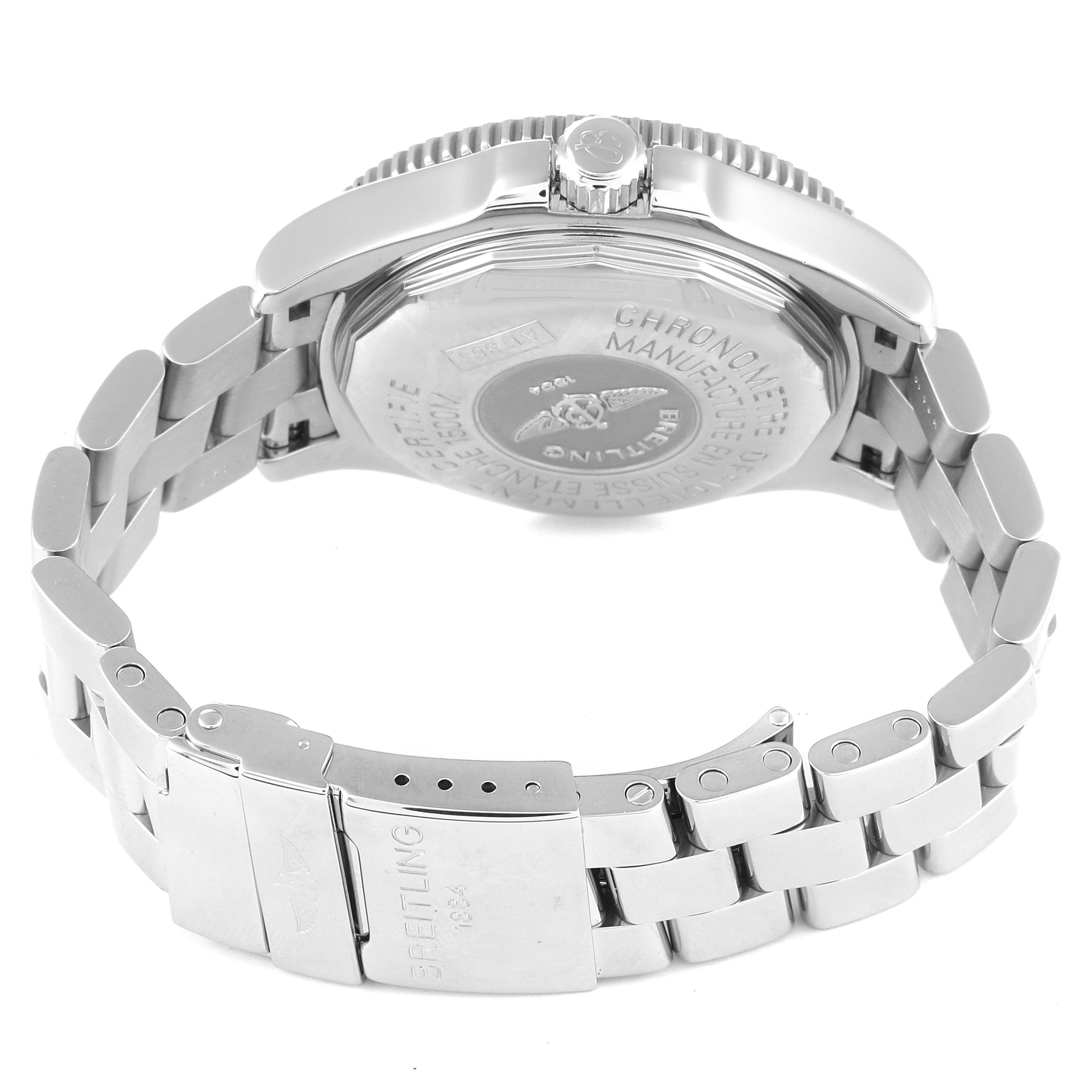 The image shows the back case, crown, and bracelet of a Breitling Superocean A17364 Men's Stainless Steel Black Dial A17364 Men's Stainless Steel Black Dial watch, viewed from an angled perspective.