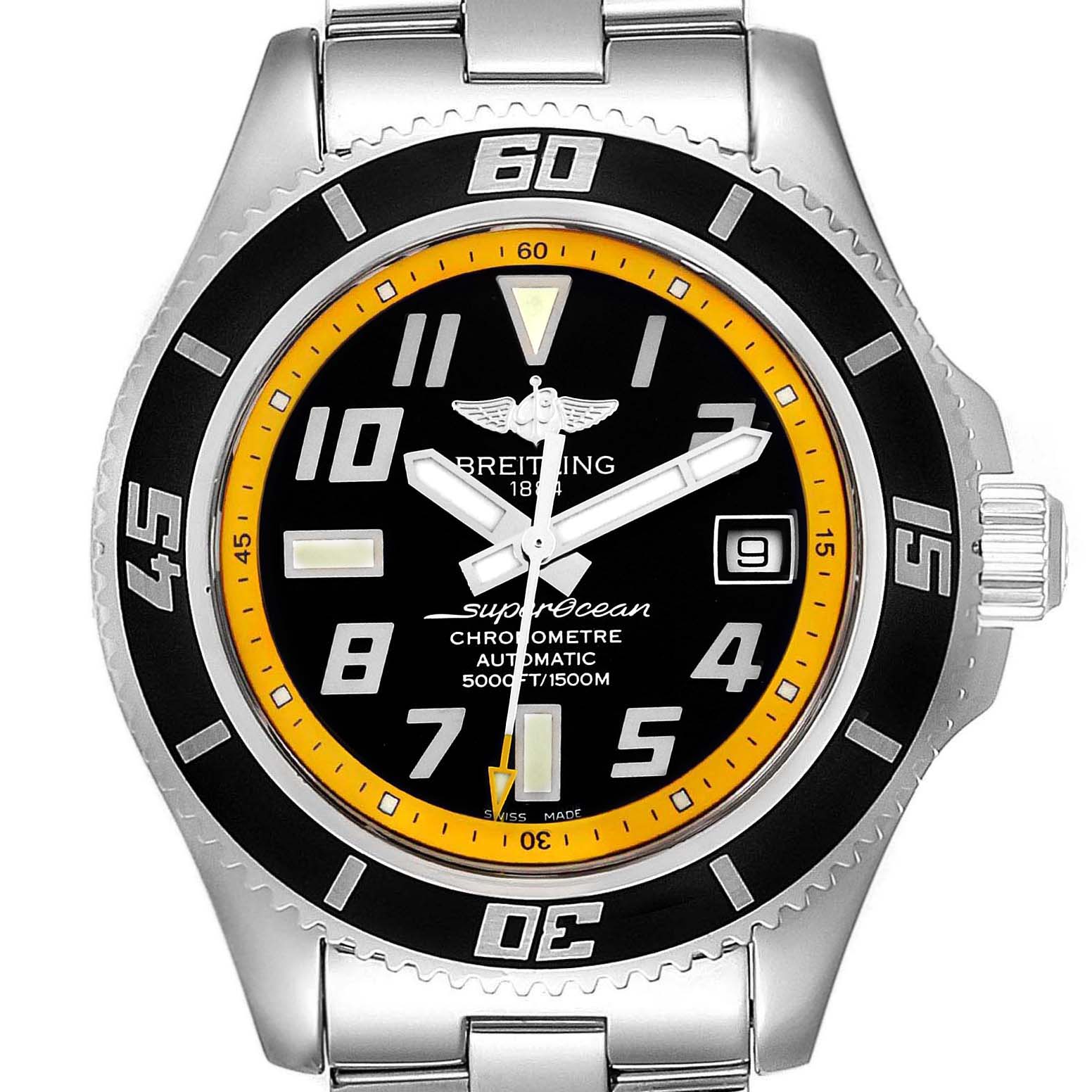 The image shows a front view of a Breitling Superocean A17364 Men's Stainless Steel Black Dial A17364 Men's Stainless Steel Black Dial watch with a black and yellow dial, and a stainless steel bracelet.
