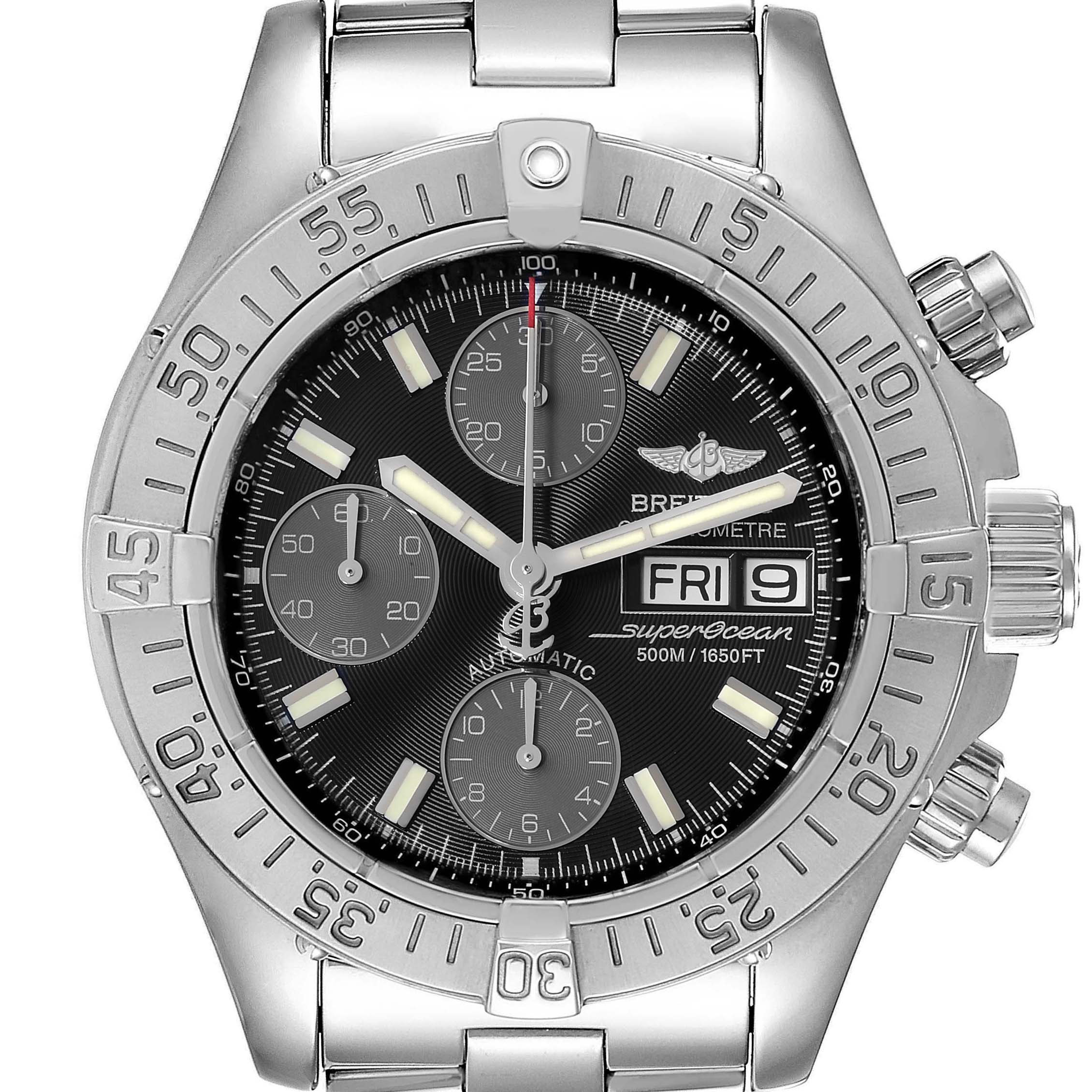 This image shows a frontal view of the Breitling Superocean A13340 Men's Stainless Steel Black Dial A13340 Men's Stainless Steel Black Dial watch, displaying its full face, dial, and bezel.