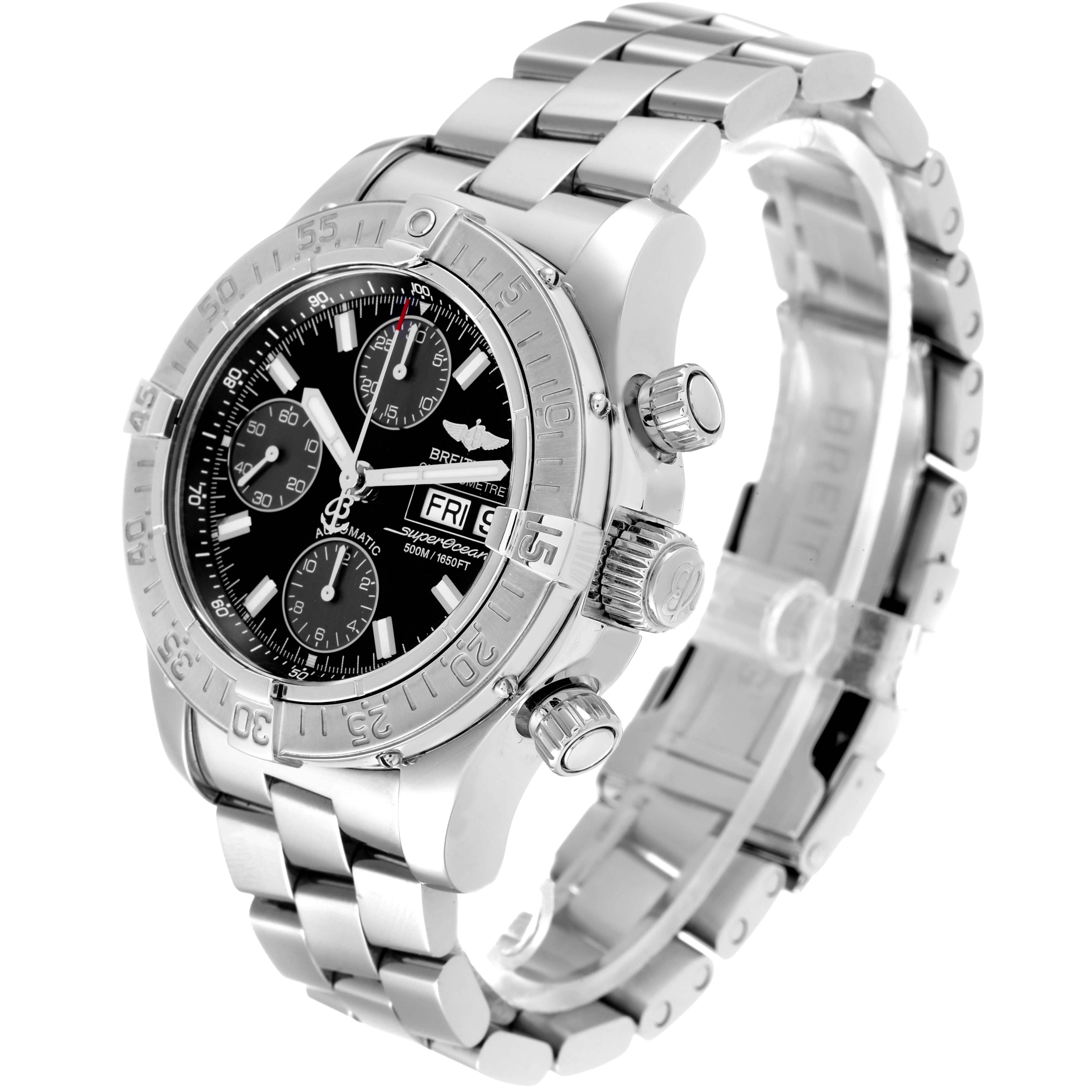 This image shows the Breitling Superocean A13340 Men's Stainless Steel Black Dial A13340 Men's Stainless Steel Black Dial watch at a three-quarter angle, highlighting its dial, bezel, pushers, crown, and bracelet.