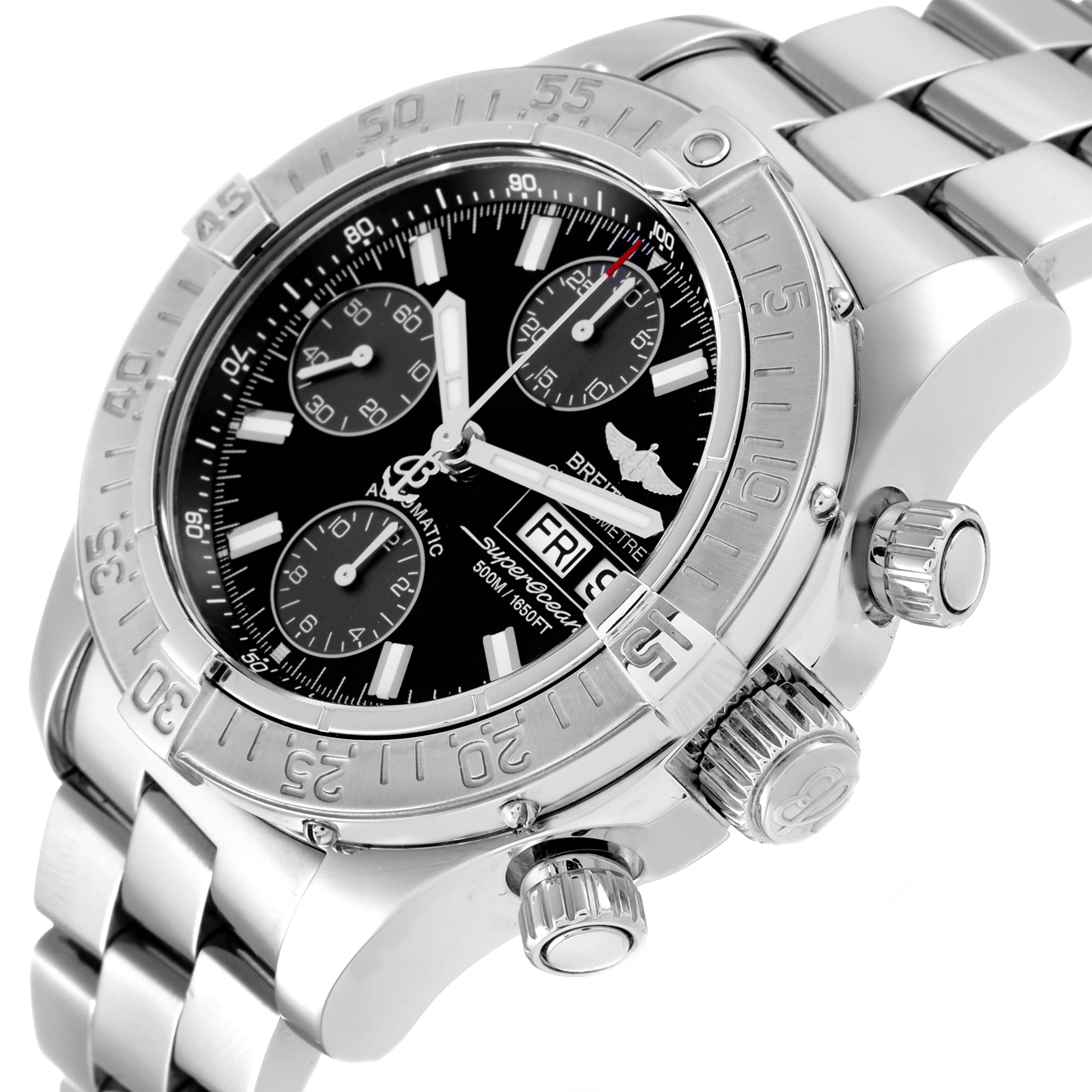 The Breitling Superocean A13340 Men's Stainless Steel Black Dial A13340 Men's Stainless Steel Black Dial watch is shown from a diagonal angle, displaying its bezel, dial, crown, pushers, and part of the bracelet.