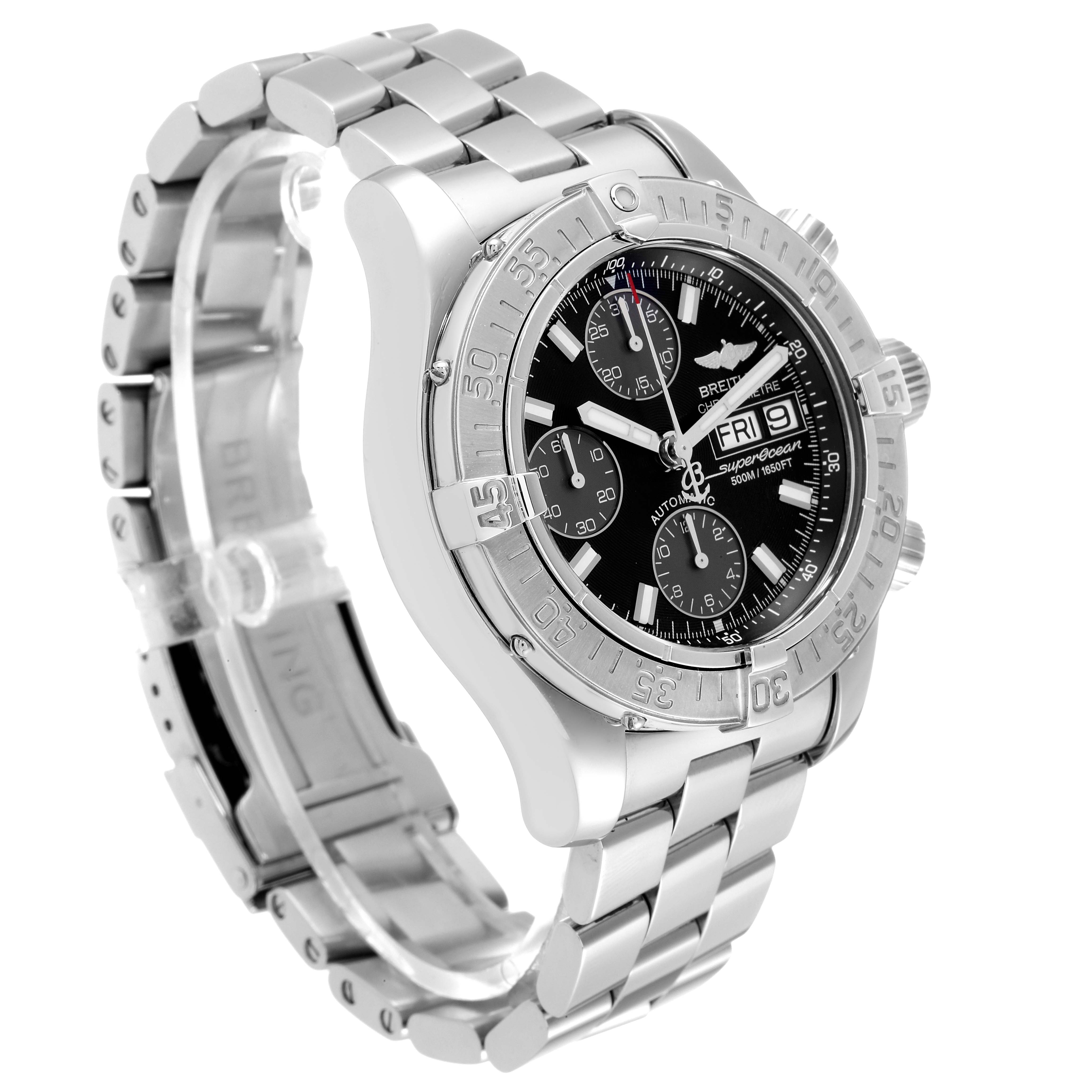 This image shows a Breitling Superocean A13340 Men's Stainless Steel Black Dial A13340 Men's Stainless Steel Black Dial watch angled to display the bezel, dial, chronograph subdials, and stainless steel bracelet.