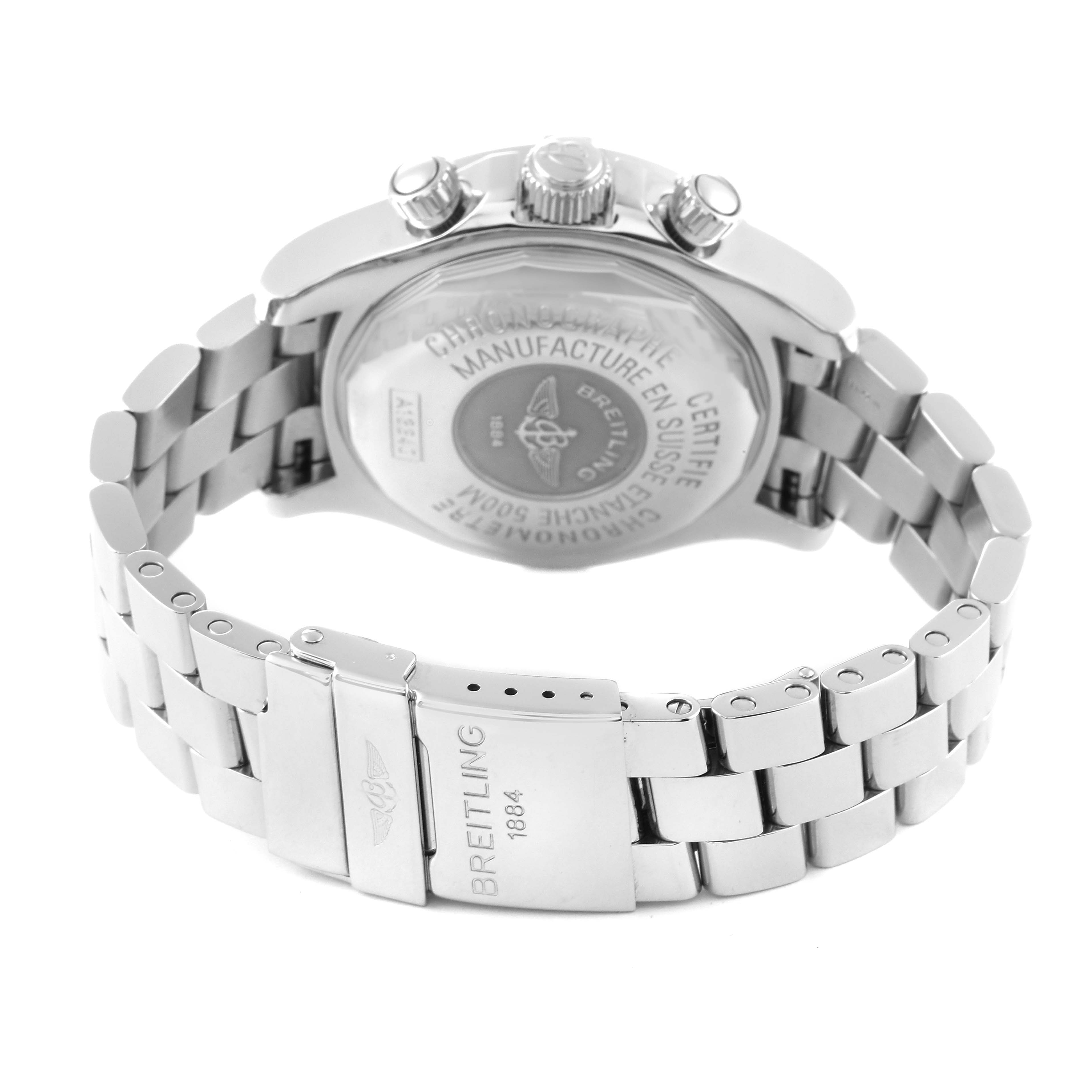 The image shows the back case and bracelet of the Breitling Superocean A13340 Men's Stainless Steel Black Dial A13340 Men's Stainless Steel Black Dial watch from a rear angle.