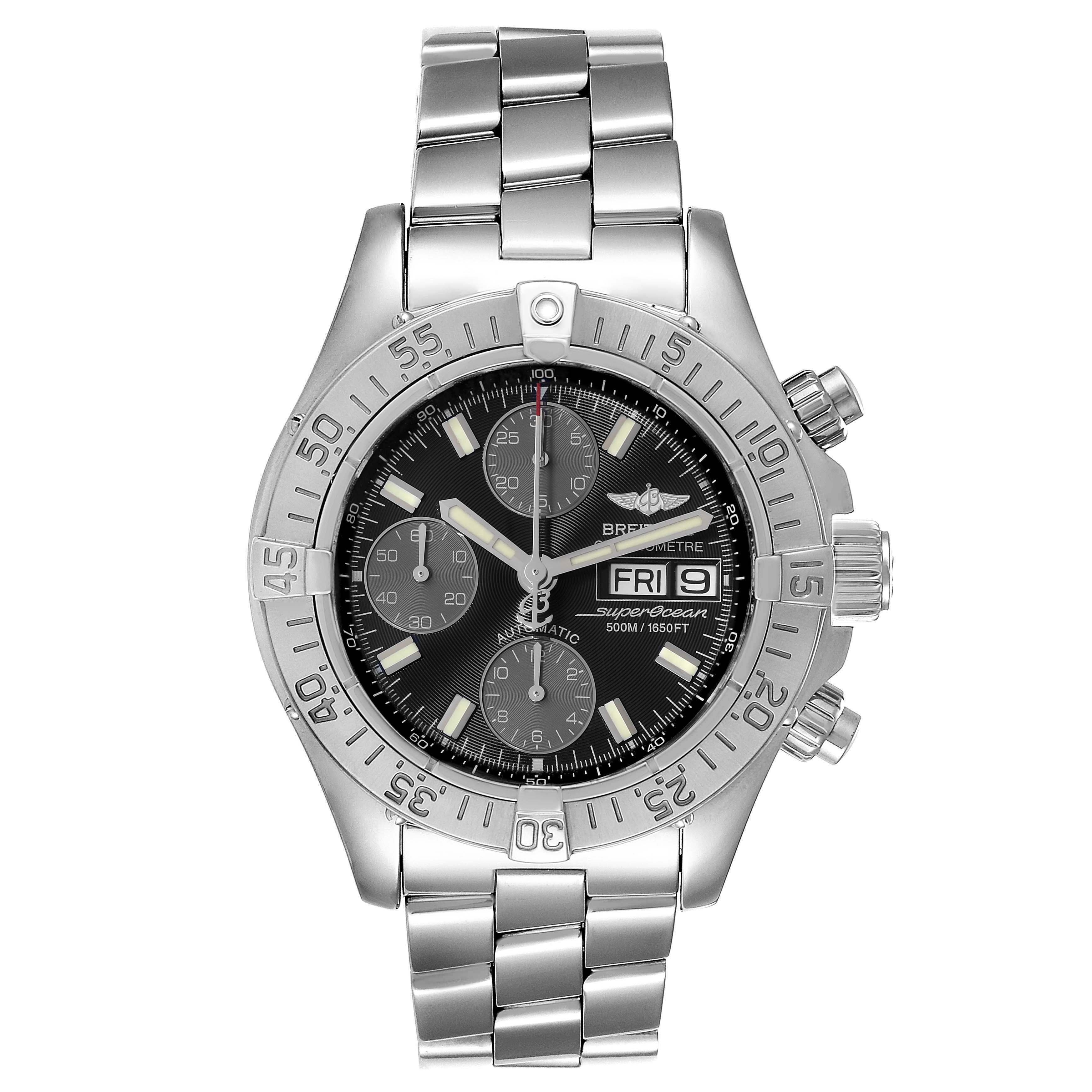 The Breitling Superocean A13340 Men's Stainless Steel Black Dial A13340 Men's Stainless Steel Black Dial watch is shown from the front, displaying the dial, bezel, and bracelet.