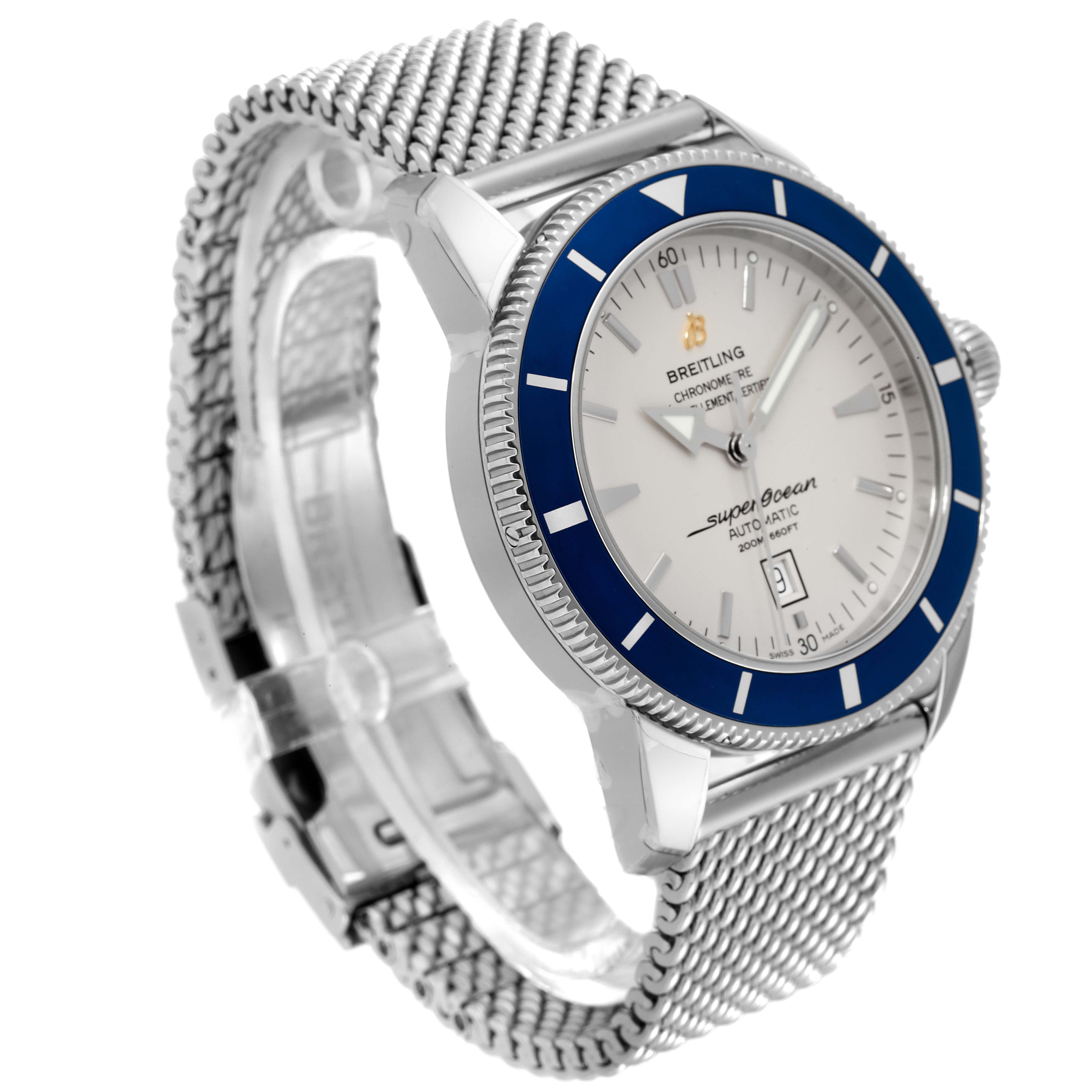 The image shows a side-angle view of the Breitling Superocean A17320 Men's Stainless Steel Silver Dial A17320 Men's Stainless Steel Silver Dial watch, highlighting its mesh bracelet, dial, bezel, and crown.
