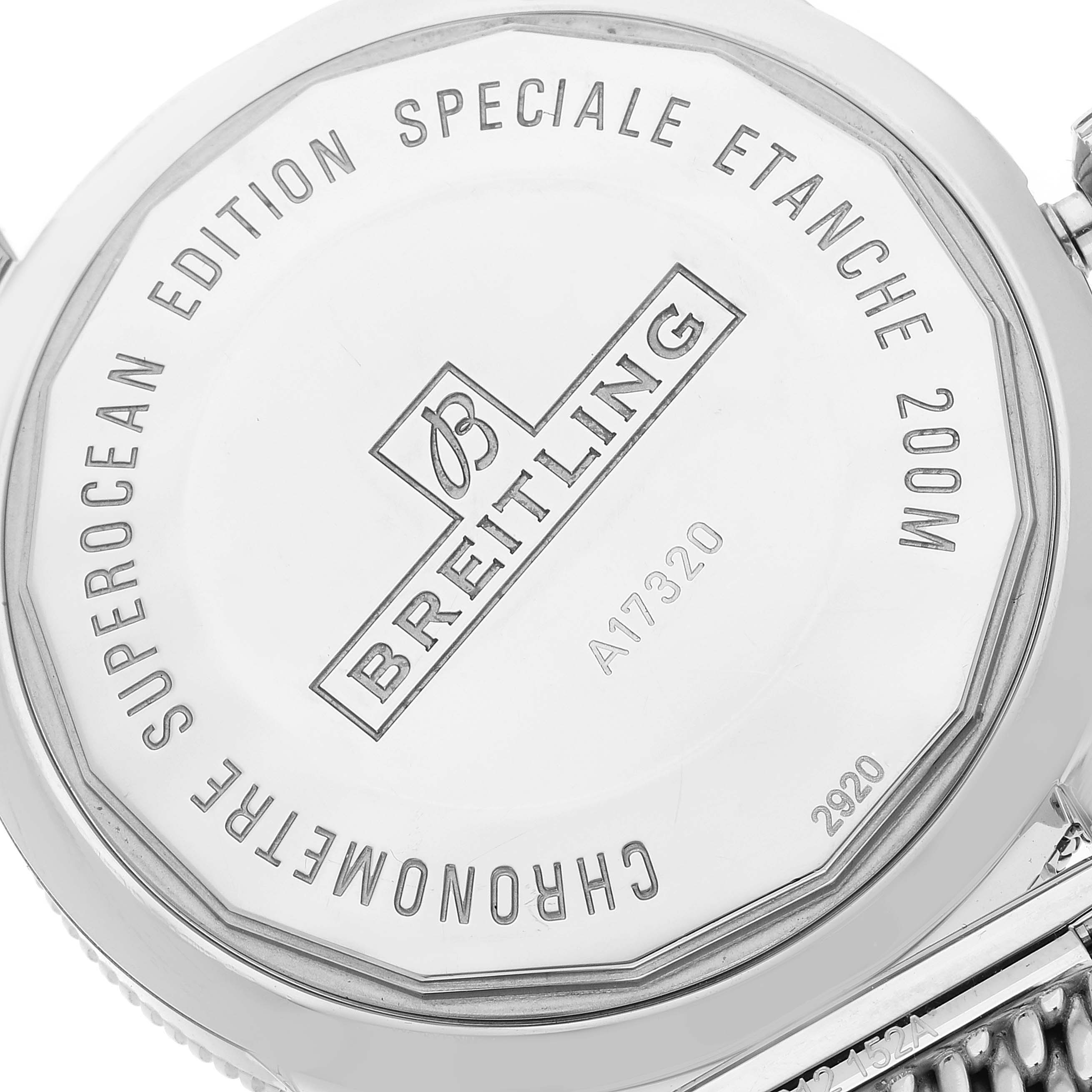 The image shows the case back of the Breitling Superocean A17320 Men's Stainless Steel Silver Dial A17320 Men's Stainless Steel Silver Dial watch, highlighting model engraving and specifications.