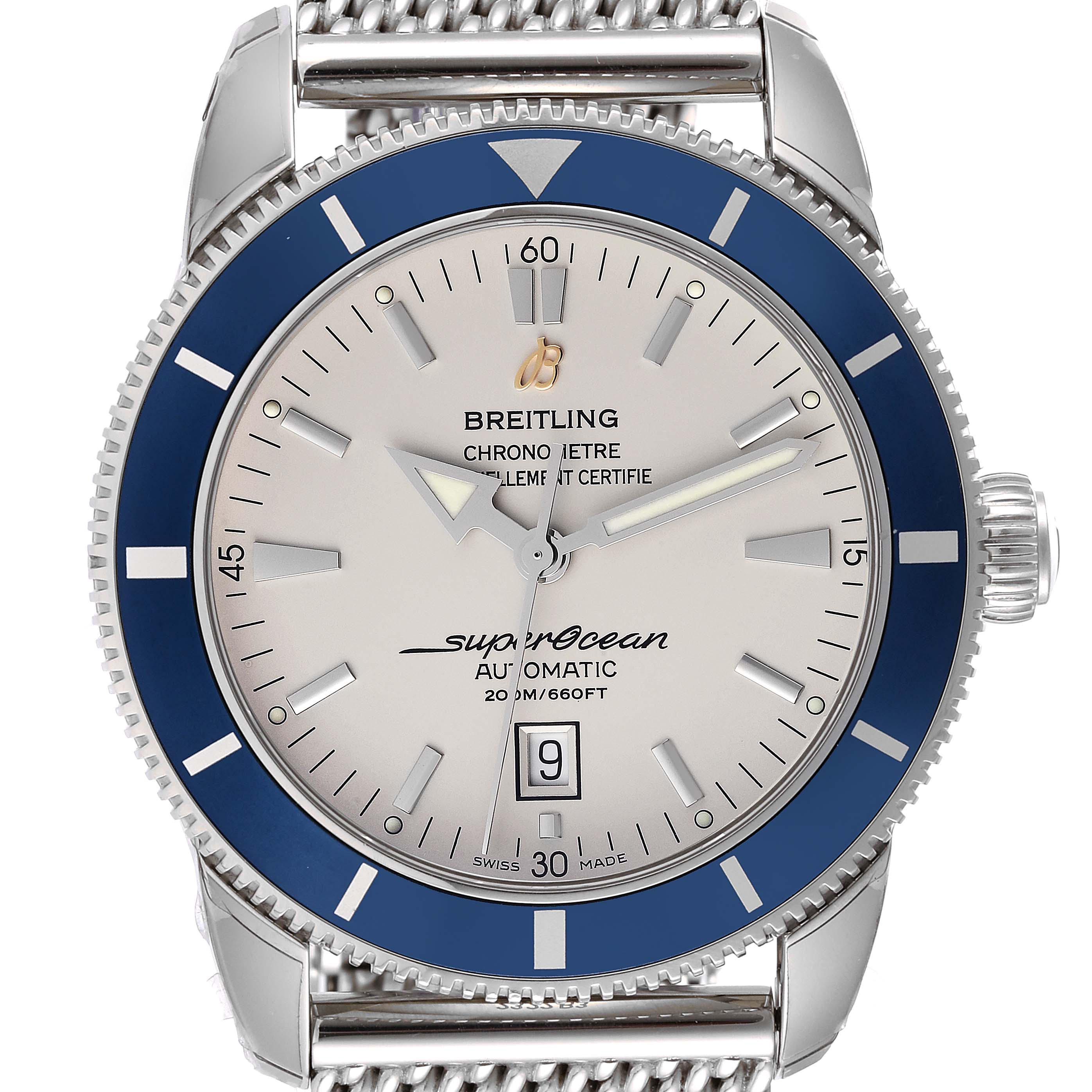 This Breitling Superocean A17320 Men's Stainless Steel Silver Dial A17320 Men's Stainless Steel Silver Dial watch is shown from a frontal angle, highlighting the dial, bezel, and part of the bracelet.