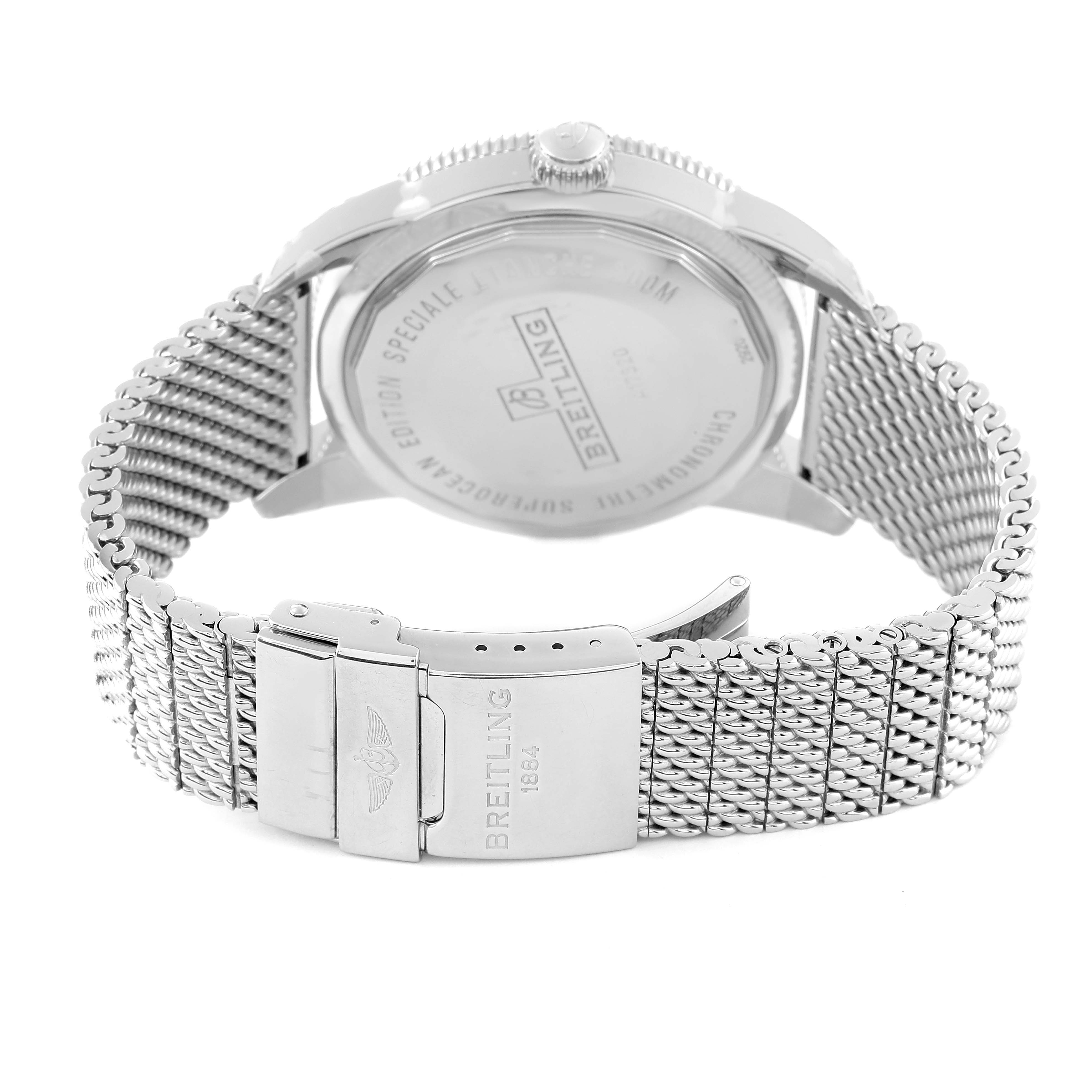 The image shows the back and mesh strap of the Breitling Superocean A17320 Men's Stainless Steel Silver Dial A17320 Men's Stainless Steel Silver Dial watch at a tilted rear angle.