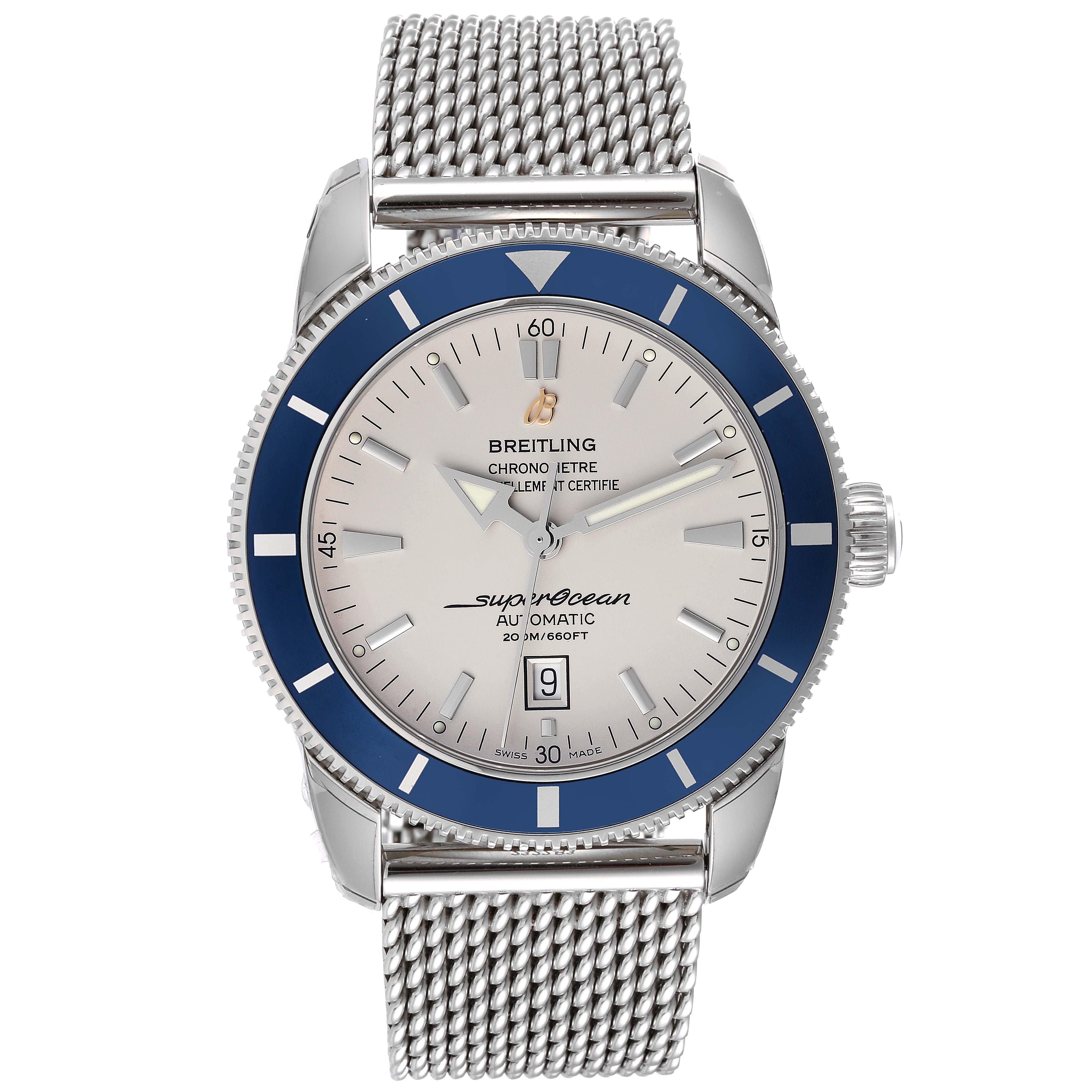 The image shows a Breitling Superocean A17320 Men's Stainless Steel Silver Dial A17320 Men's Stainless Steel Silver Dial watch from a front angle, displaying its face, bezel, crown, and metal mesh strap.