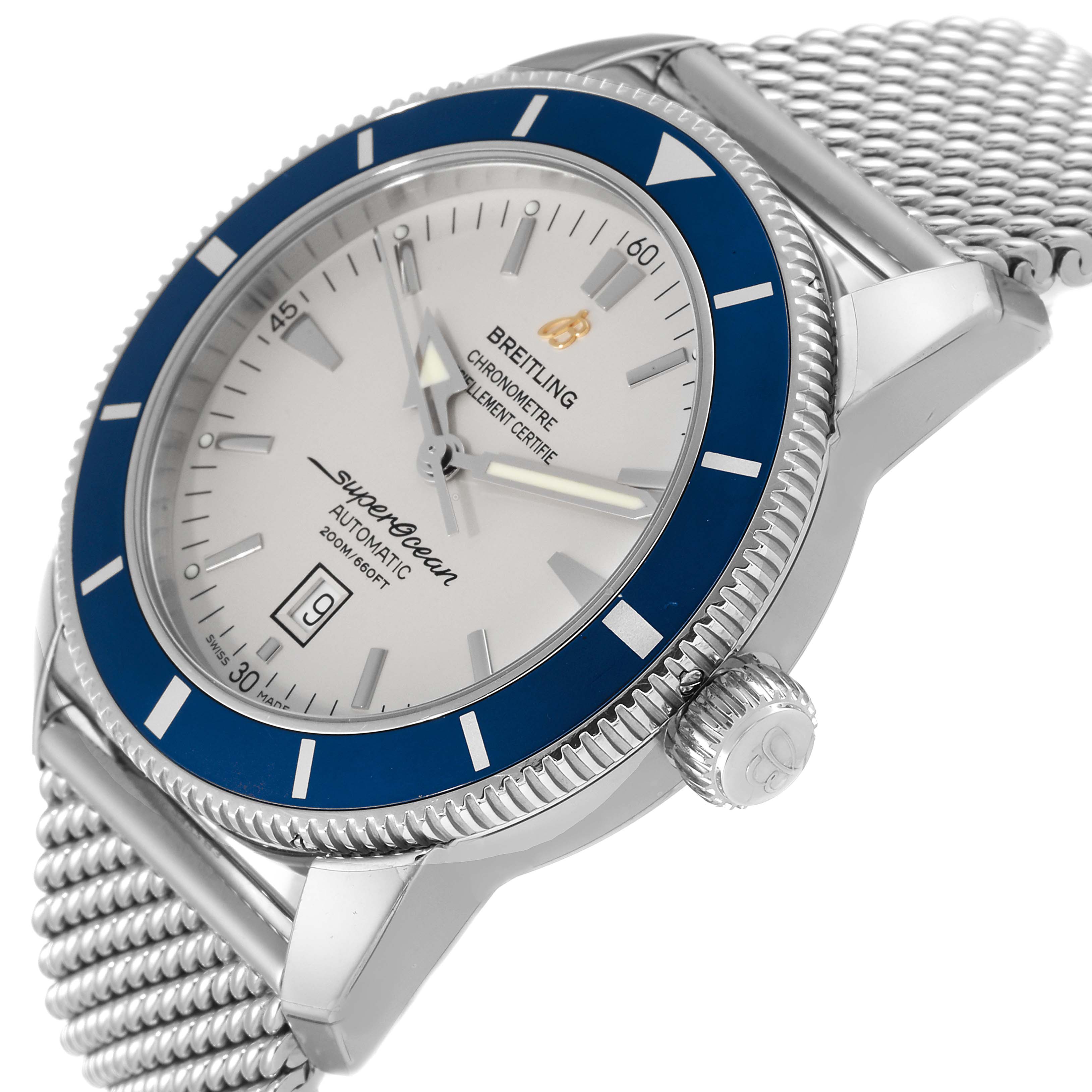 The image shows a front-side angle of the Breitling Superocean A17320 Men's Stainless Steel Silver Dial A17320 Men's Stainless Steel Silver Dial watch, highlighting the face, bezel, crown, and part of the mesh strap.