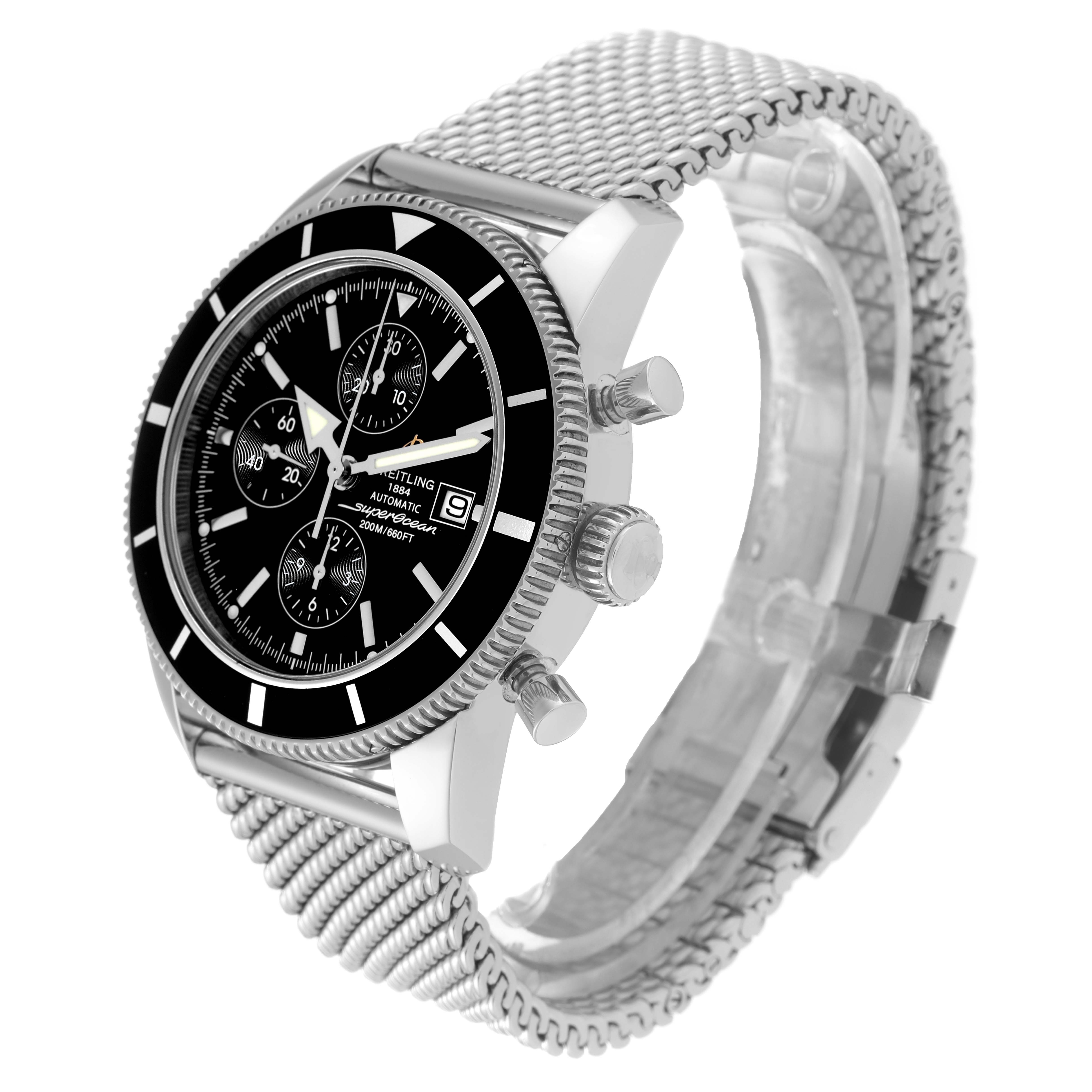 The Breitling Superocean A13320 Men's Stainless Steel Black Dial A13320 Men's Stainless Steel Black Dial watch is shown from an angled side view, highlighting the dial, bezel, crown, pushers, and mesh bracelet.
