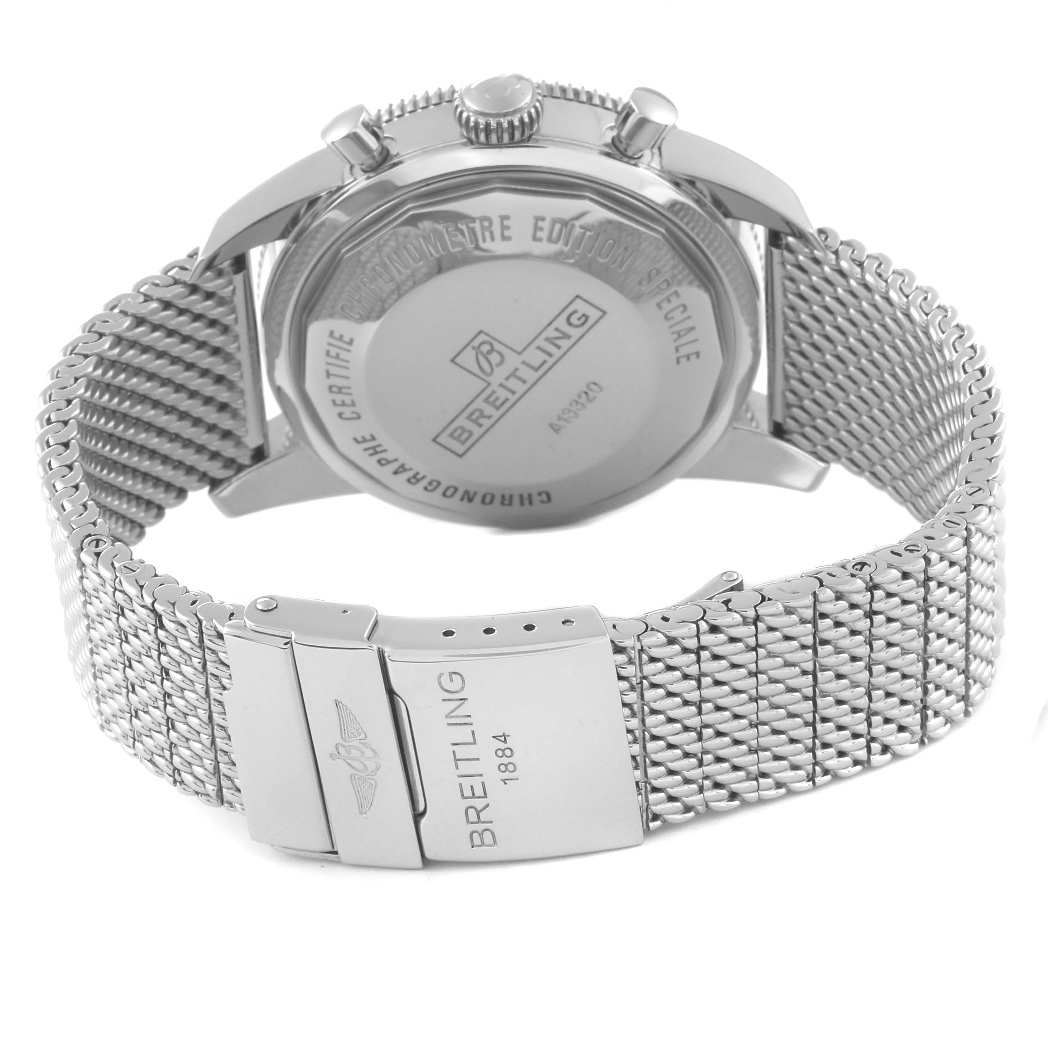 The image shows the back and clasp of a Breitling Superocean A13320 Men's Stainless Steel Black Dial A13320 Men's Stainless Steel Black Dial watch, highlighting the stainless steel case and mesh bracelet.