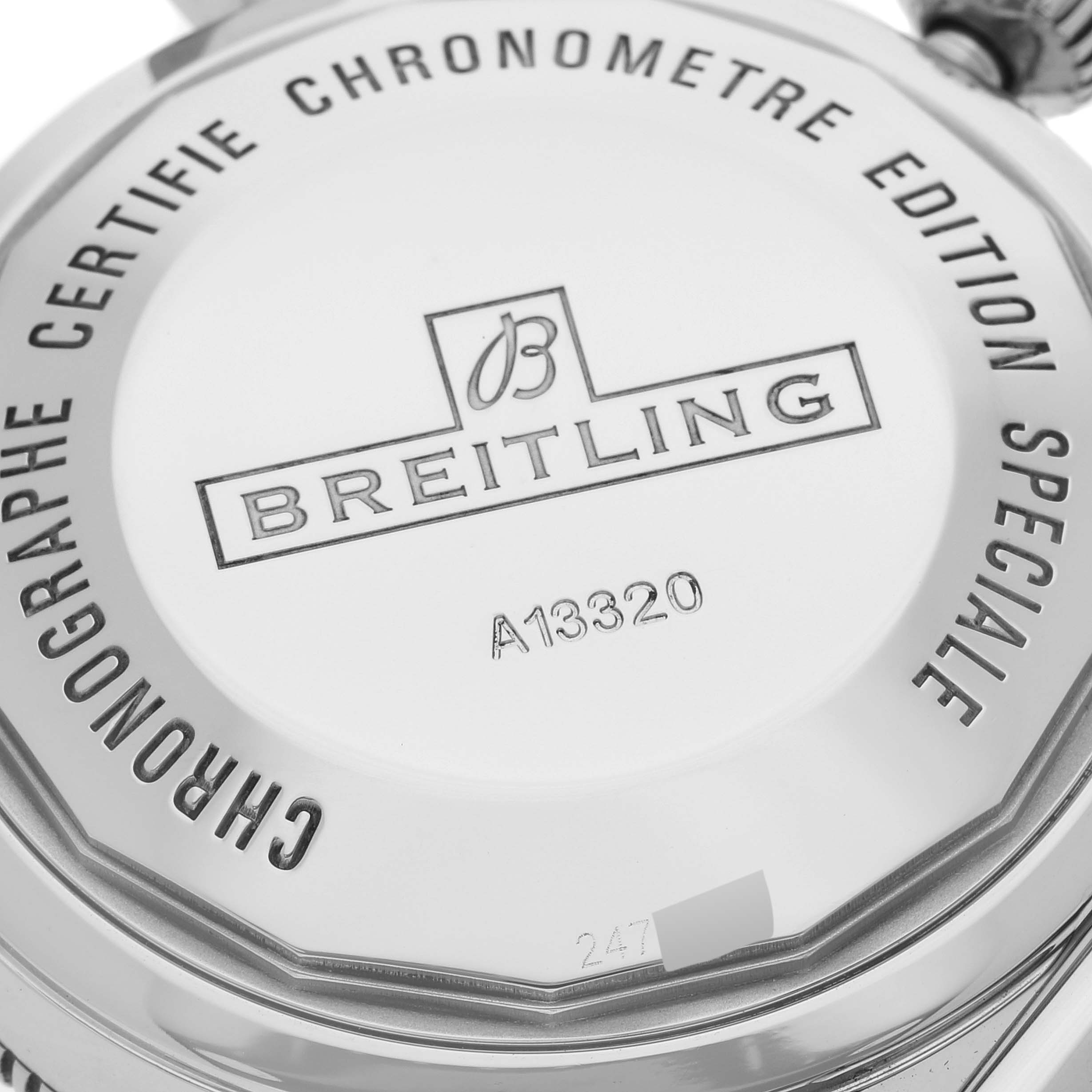 The image shows the back case of a Breitling Superocean A13320 Men's Stainless Steel Black Dial A13320 Men's Stainless Steel Black Dial watch, featuring model number A13320.