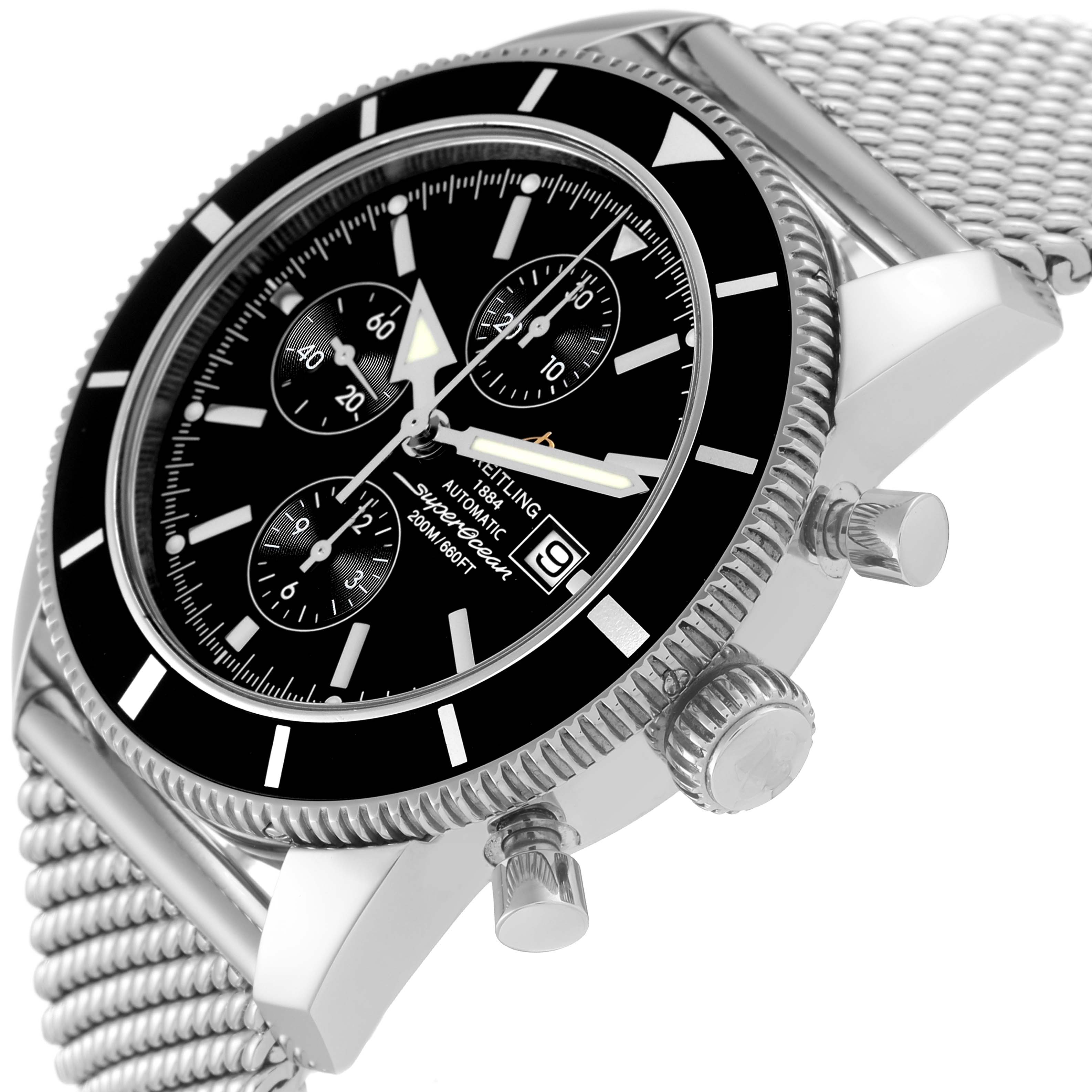 The image shows a close-up side angle of a Breitling Superocean A13320 Men's Stainless Steel Black Dial A13320 Men's Stainless Steel Black Dial watch, highlighting the dial, bezel, crown, pushers, and mesh bracelet.