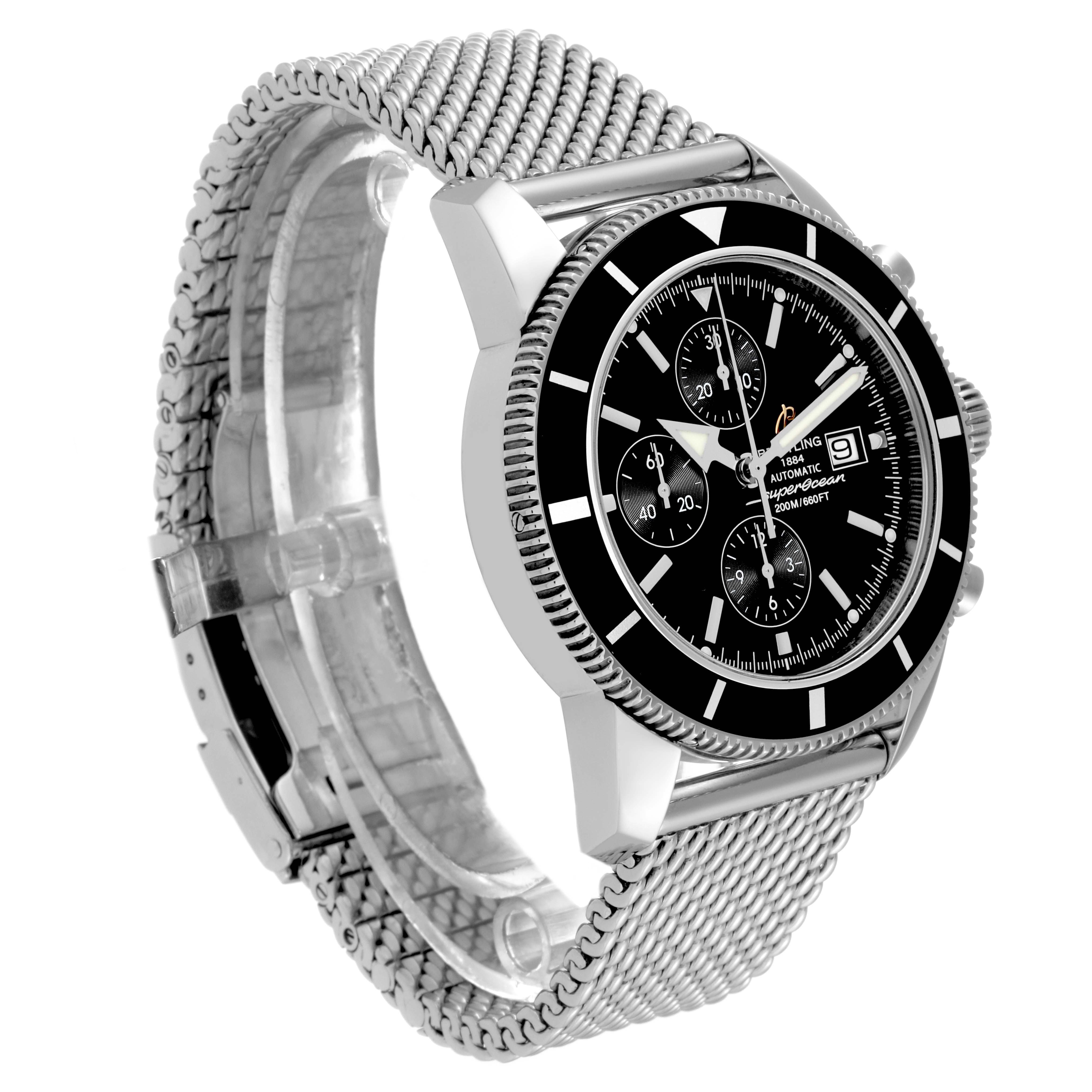 The Breitling Superocean A13320 Men's Stainless Steel Black Dial A13320 Men's Stainless Steel Black Dial watch is shown at an angle displaying its face, hands, bezel, and mesh strap.