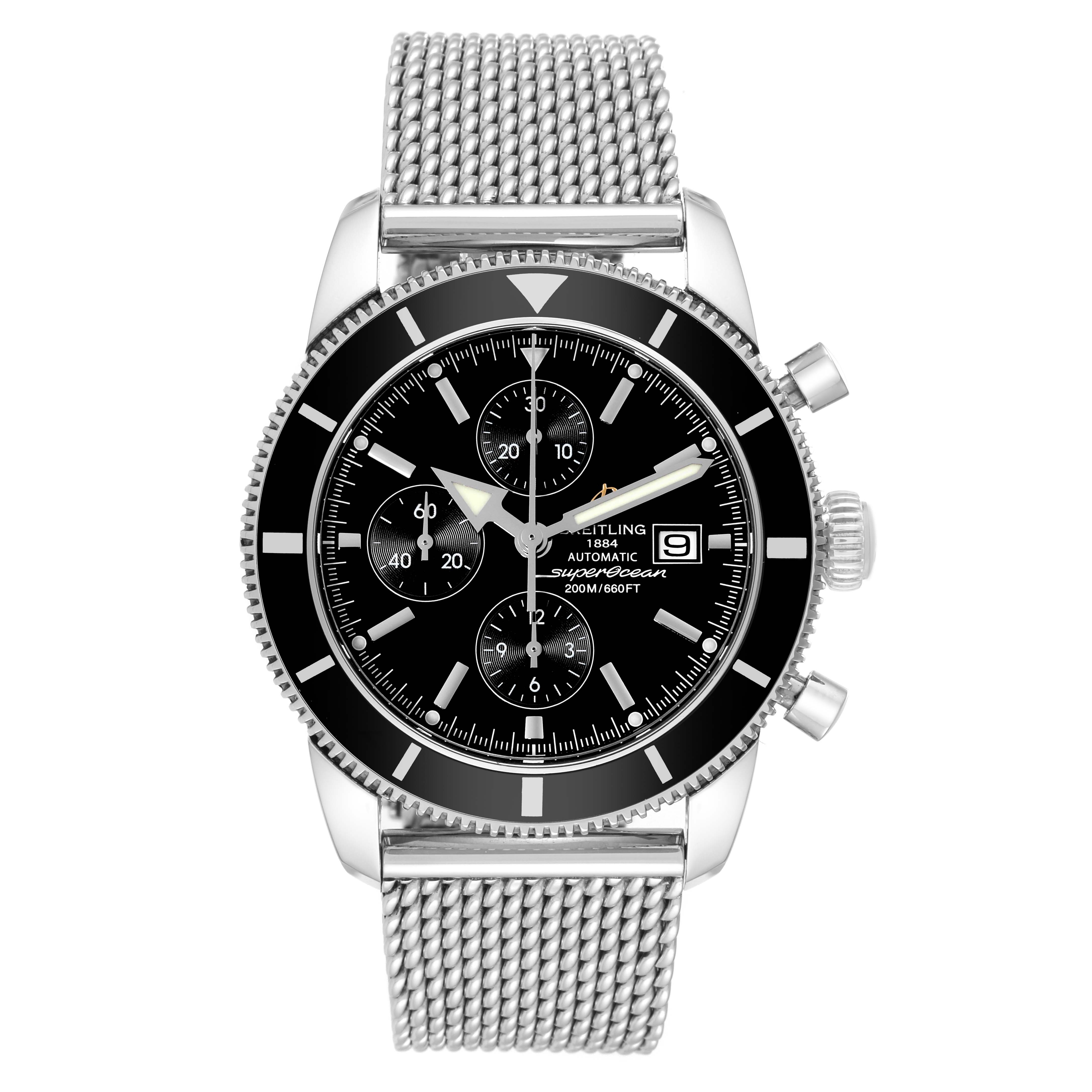 The Breitling Superocean A13320 Men's Stainless Steel Black Dial A13320 Men's Stainless Steel Black Dial watch is shown from the front, displaying its black dial, chronograph subdials, and mesh bracelet.