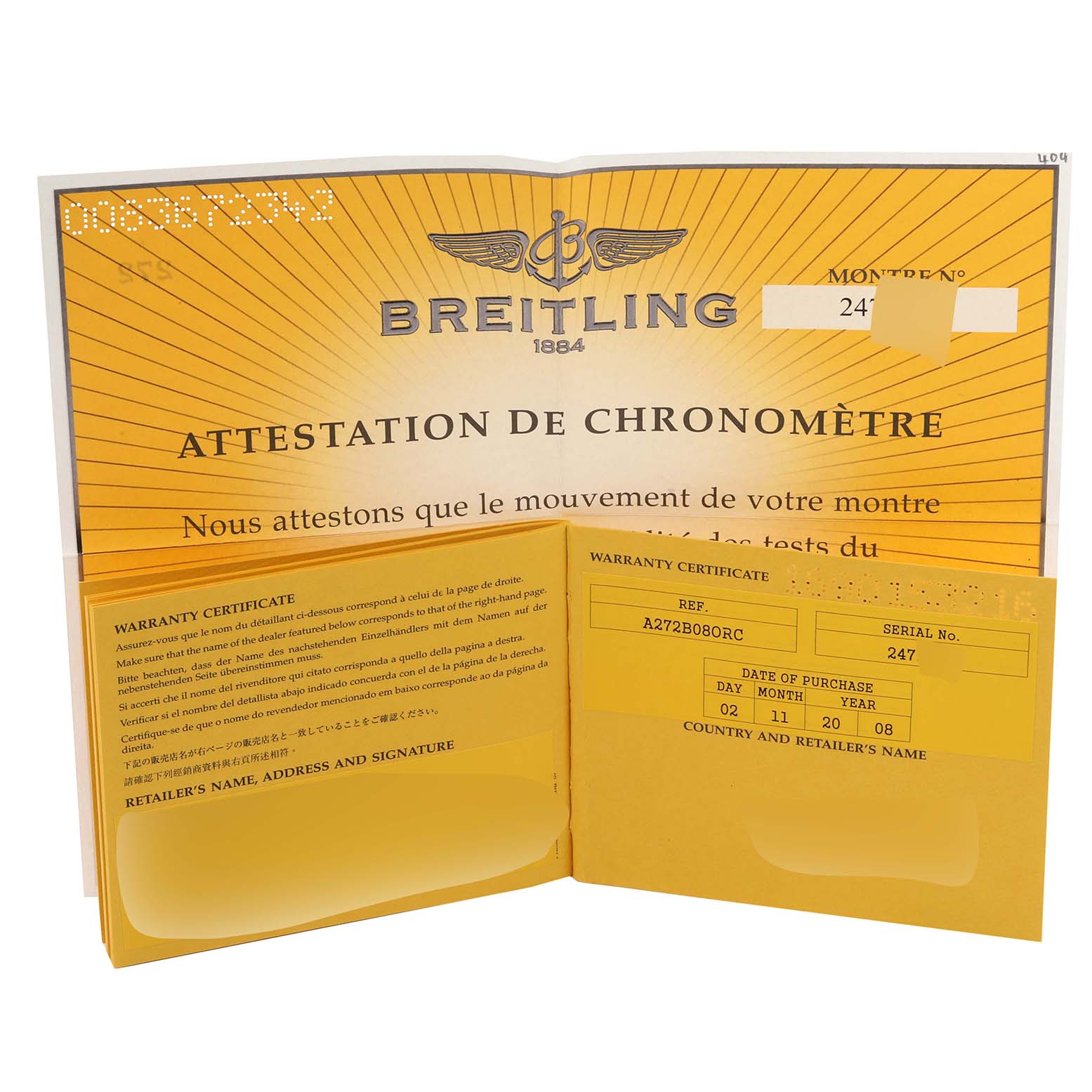 This image shows the warranty certificate and chronometer attestation for a Breitling Superocean A13320 Men's Stainless Steel Black Dial A13320 Men's Stainless Steel Black Dial watch.