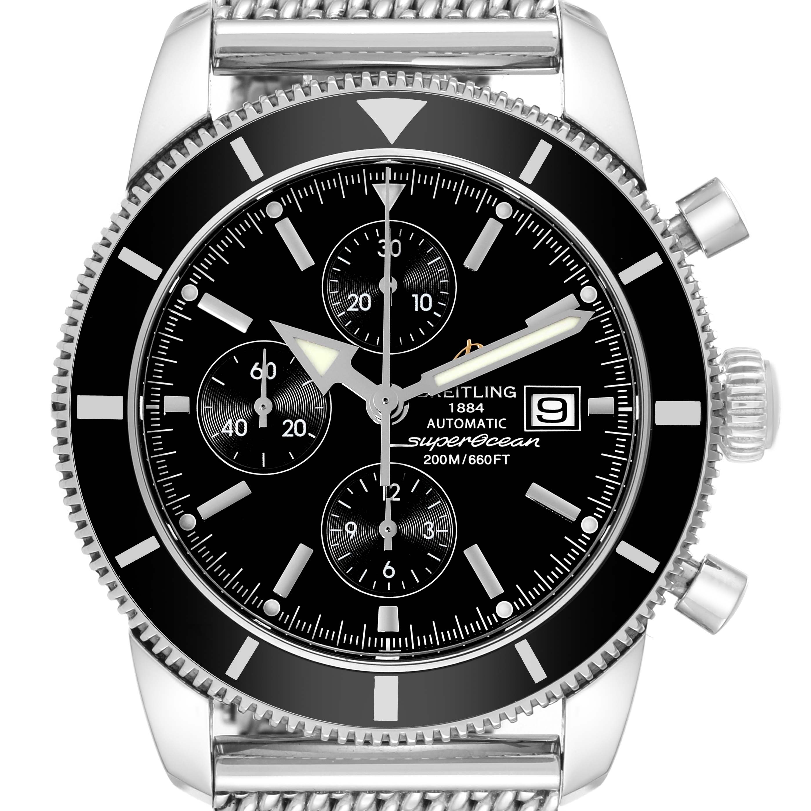 The image shows a close-up view of the Breitling Superocean A13320 Men's Stainless Steel Black Dial A13320 Men's Stainless Steel Black Dial watch face, including its bezel, crown, and chronograph subdials.