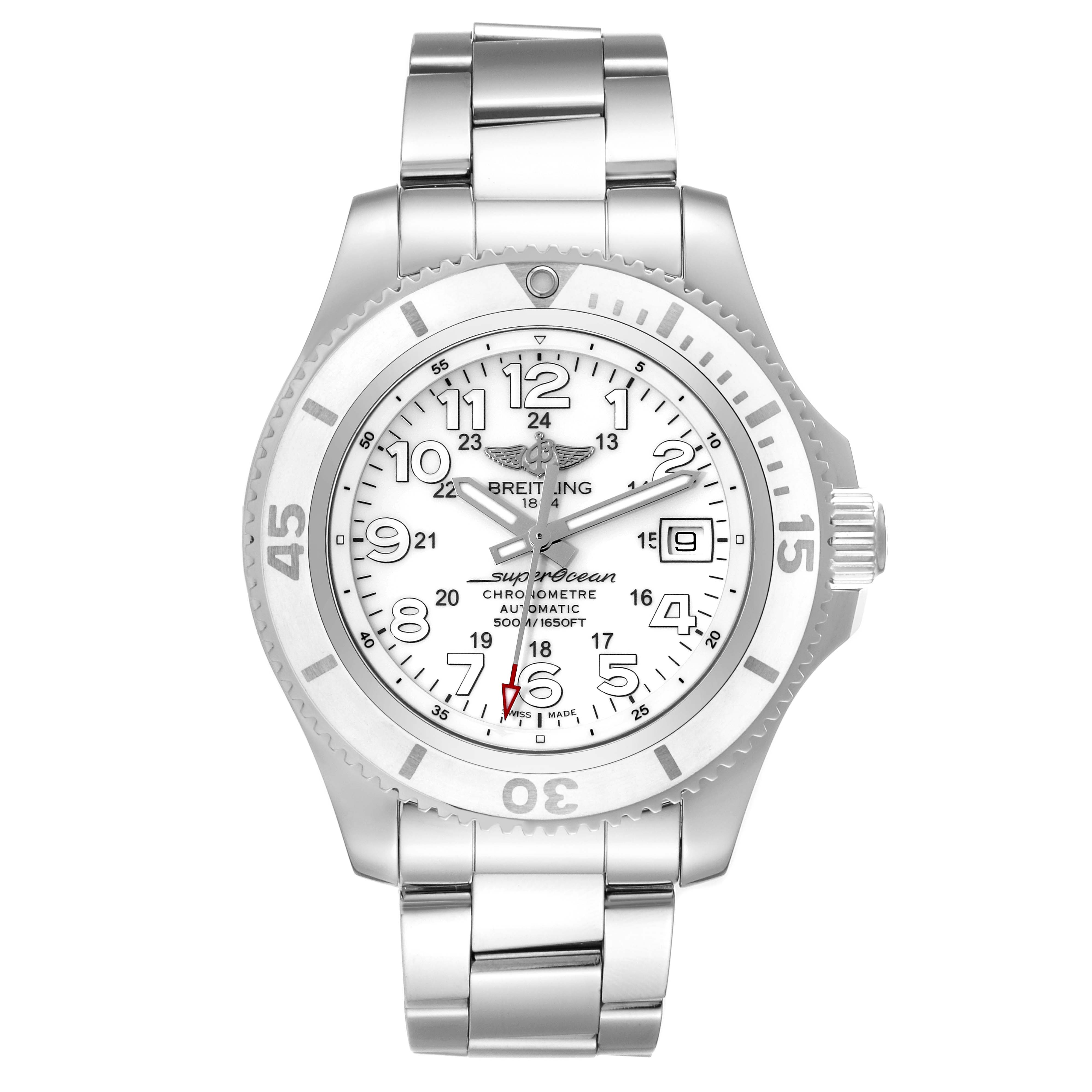 The image shows a frontal view of the Breitling Superocean A17365D2/A766 Men's Stainless Steel White Dial A17365D2/A766 Men's Stainless Steel White Dial watch, highlighting the face, bezel, crown, and stainless steel bracelet.