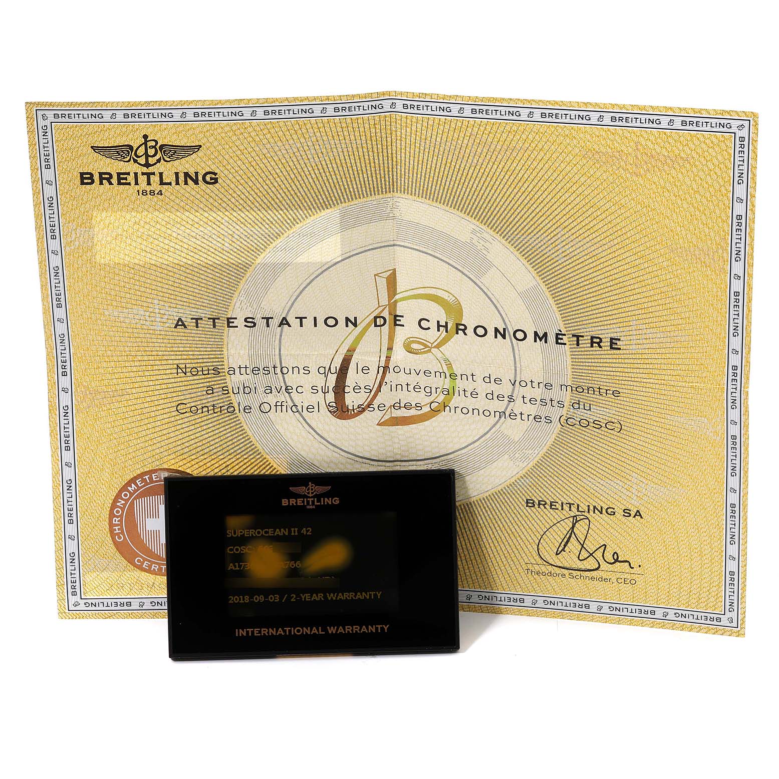 The image shows the warranty card and chronometer certificate for the Breitling Superocean A17365D2/A766 Men's Stainless Steel White Dial A17365D2/A766 Men's Stainless Steel White Dial model.