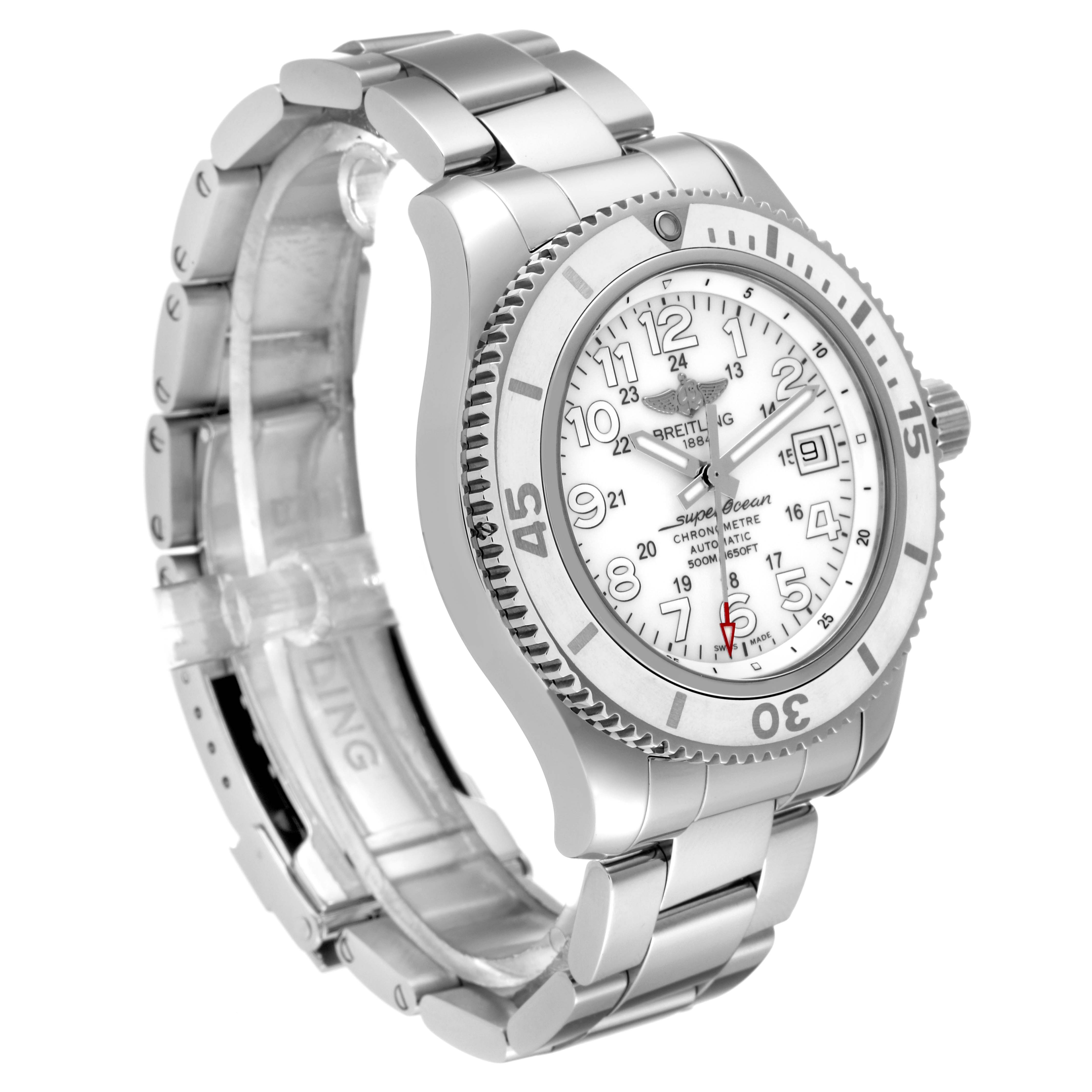 The image shows a Breitling Superocean A17365D2/A766 Men's Stainless Steel White Dial A17365D2/A766 Men's Stainless Steel White Dial watch angled slightly to the left, displaying its face, bezel, crown, and bracelet.