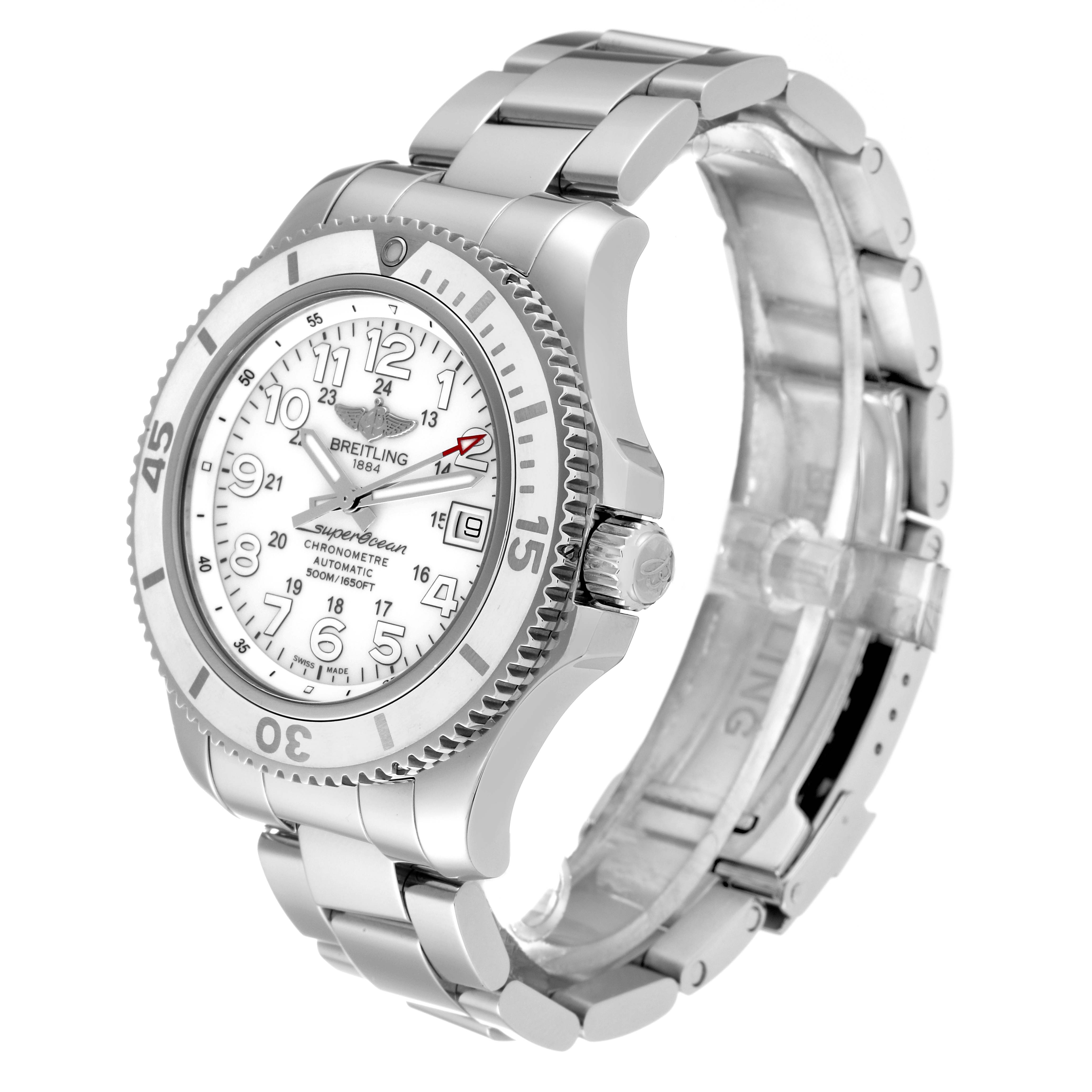 The image shows a Breitling Superocean A17365D2/A766 Men's Stainless Steel White Dial A17365D2/A766 Men's Stainless Steel White Dial watch at a slight angle, highlighting the dial, bezel, crown, and bracelet.