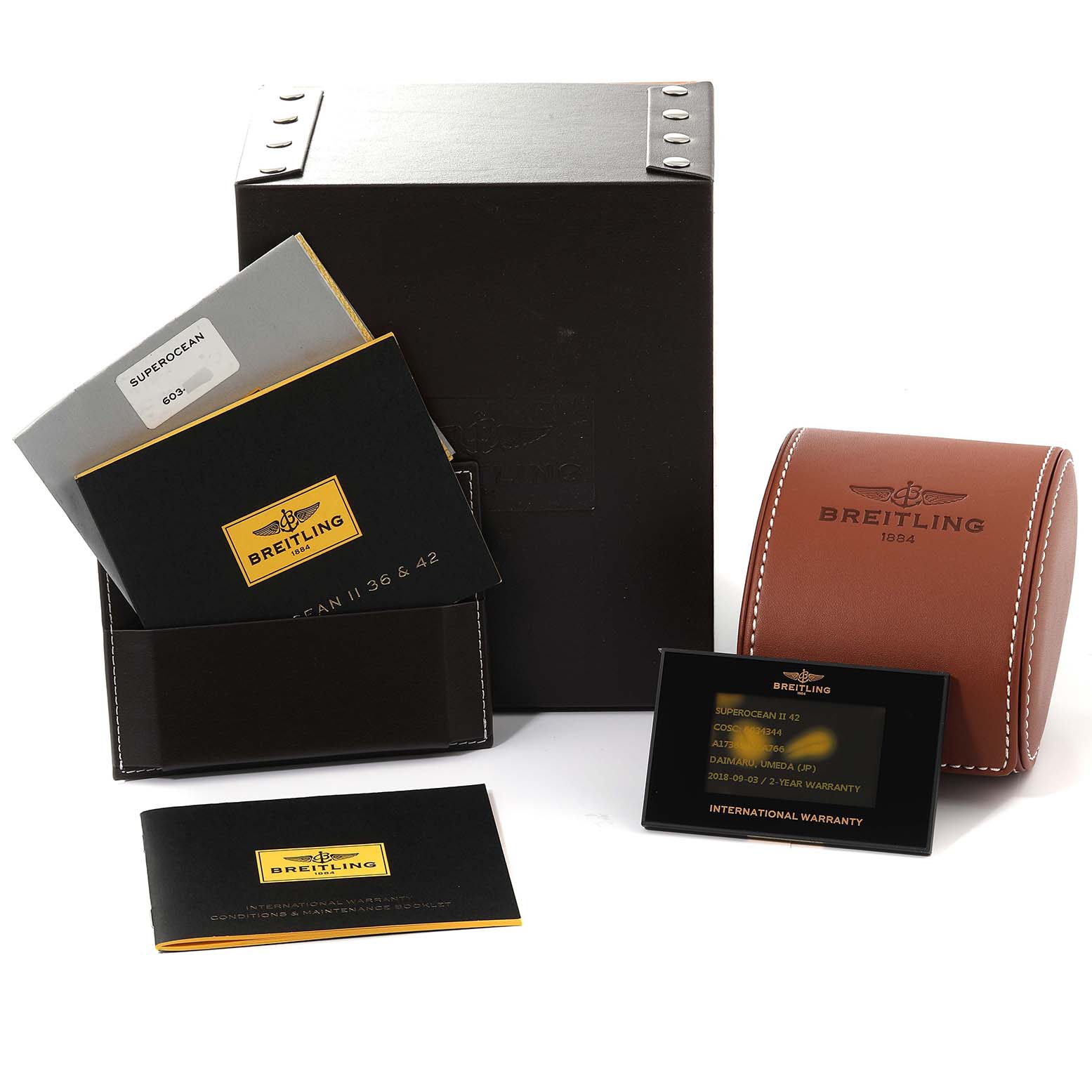 The image shows the box, warranty card, booklets, and leather case for a Breitling Superocean A17365D2/A766 Men's Stainless Steel White Dial A17365D2/A766 Men's Stainless Steel White Dial watch.