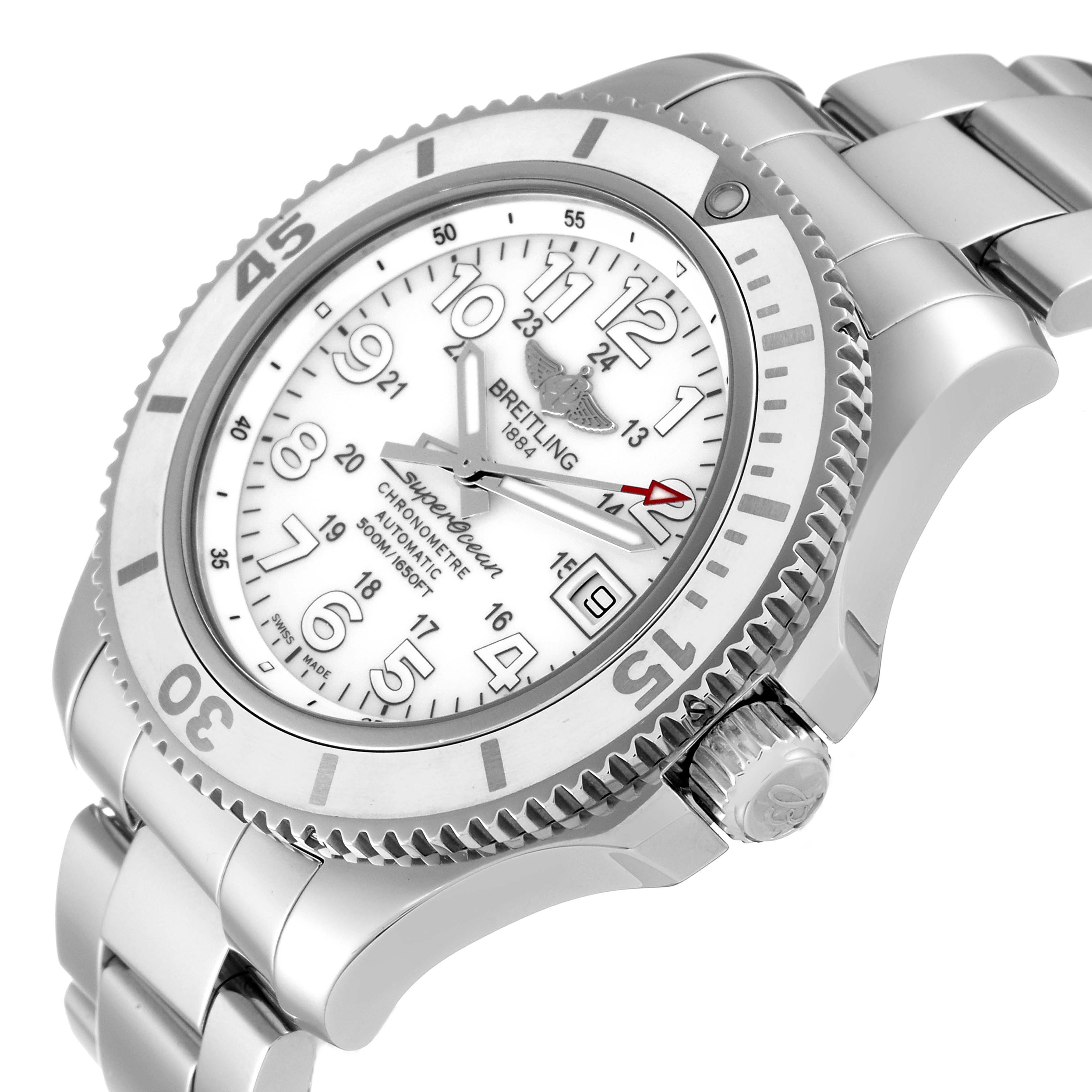 The image shows a Breitling Superocean A17365D2/A766 Men's Stainless Steel White Dial A17365D2/A766 Men's Stainless Steel White Dial watch from an angled perspective, highlighting its face, bezel, and part of the bracelet.