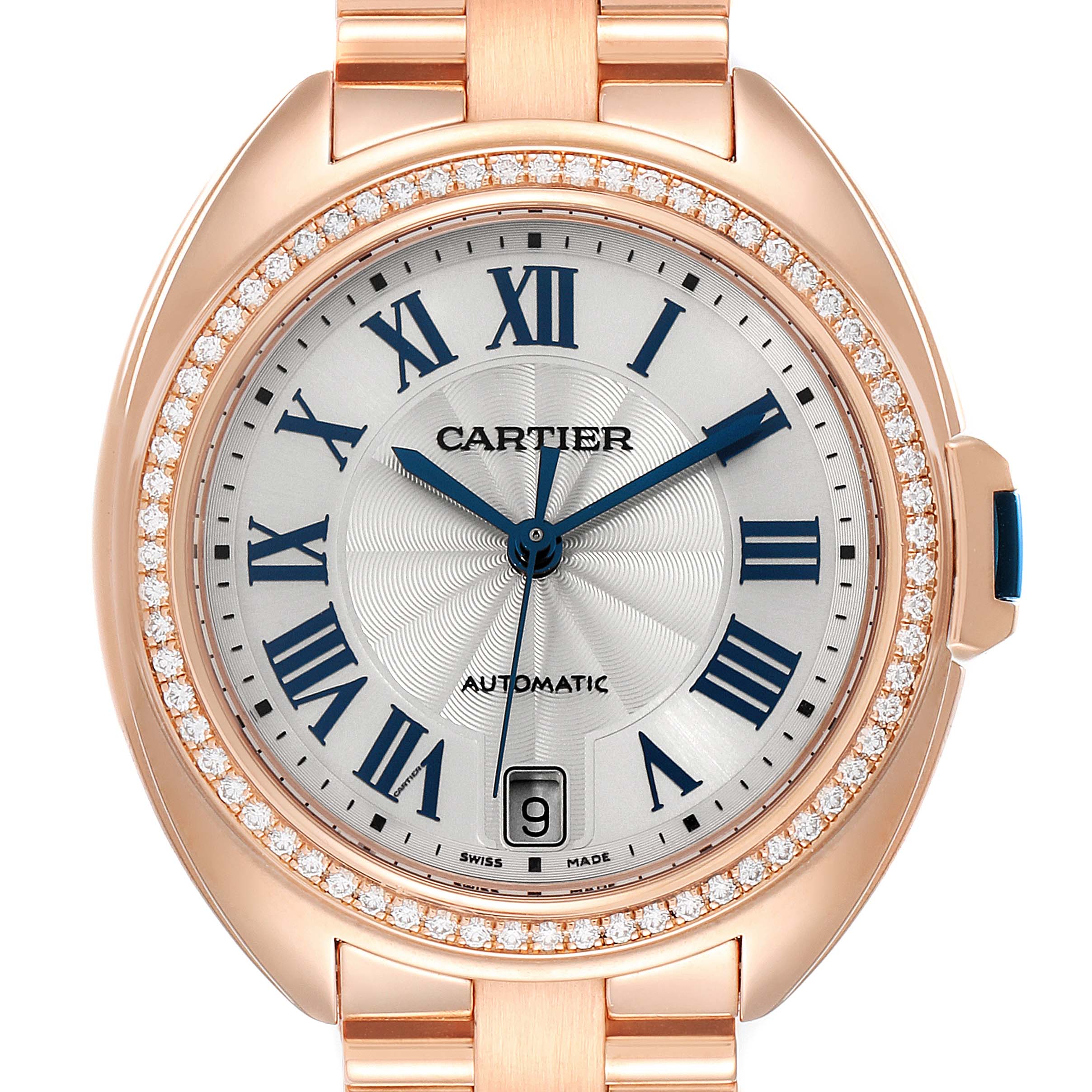 The image shows the Cartier Cle WFCL0003 Women's Rose Gold Silver Dial WFCL0003 Women's Rose Gold Silver Dial watch from a front angle, highlighting its face, bezel, and part of the bracelet.