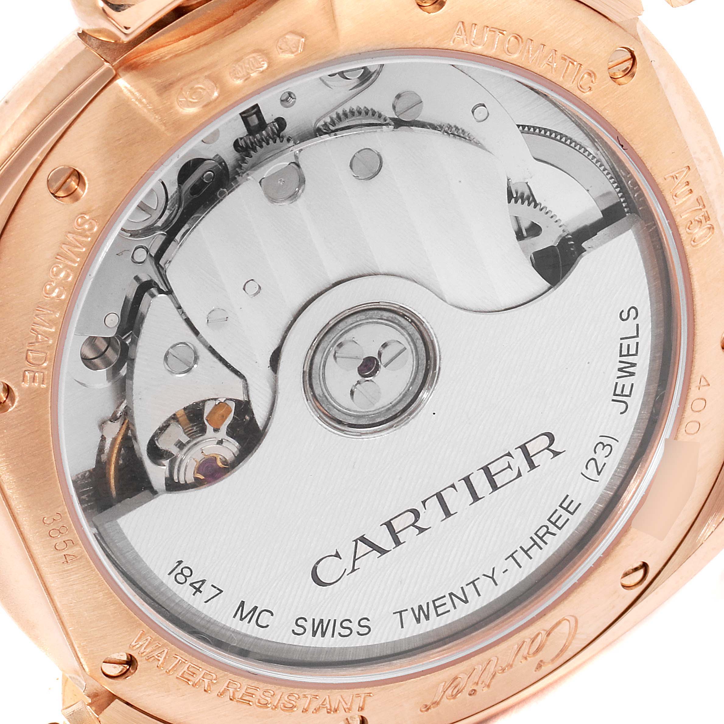 This image shows the back view of the Cartier Cle WFCL0003 Women's Rose Gold Silver Dial WFCL0003 Women's Rose Gold Silver Dial model watch, highlighting its automatic movement and internal mechanism.