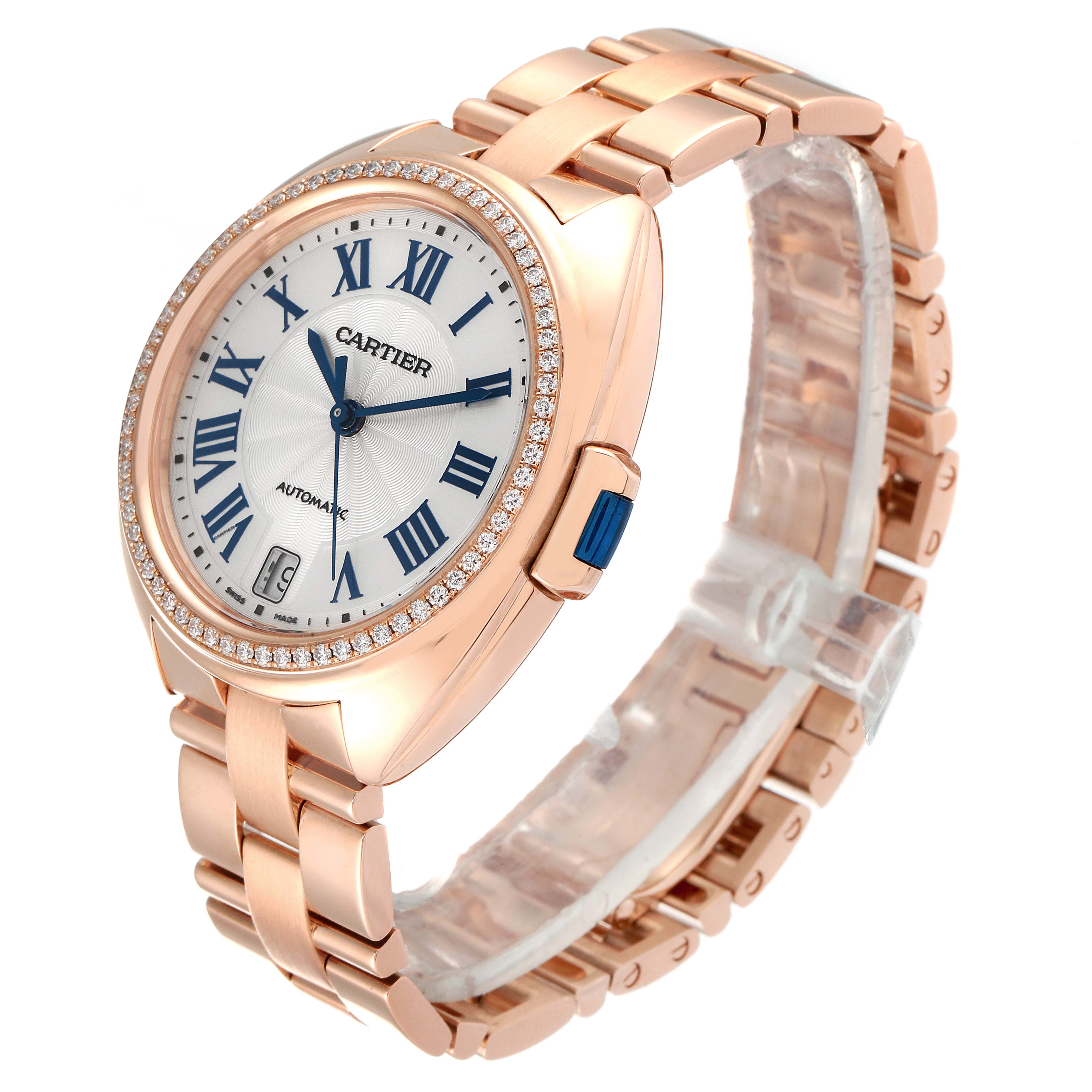 The Cartier Cle WFCL0003 Women's Rose Gold Silver Dial WFCL0003 Women's Rose Gold Silver Dial model watch is shown at a three-quarter angle, displaying its face, bezel, and bracelet.