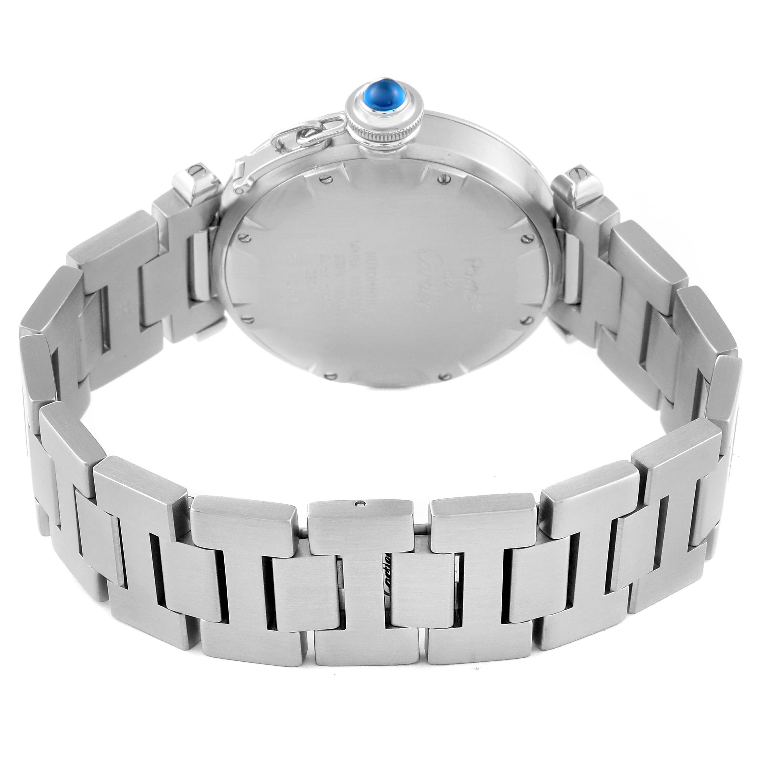 The image shows the back of a Cartier Pasha W31043M7 Men
s Stainless Steel Black Dial W31043M7 Men
s Stainless Steel Black Dial watch, highlighting its metal bracelet and crown with a blue cabochon.