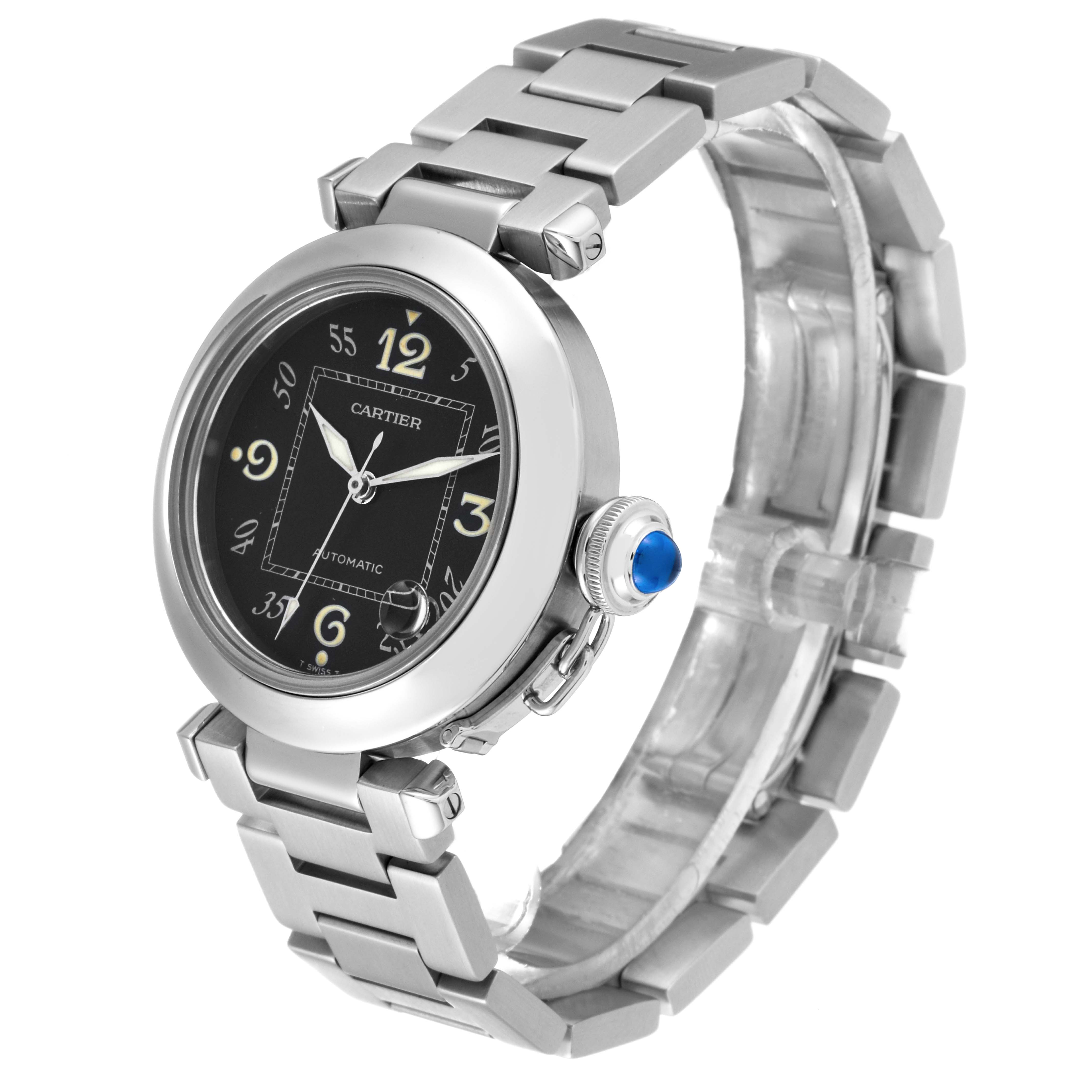The Cartier Pasha W31043M7 Men
s Stainless Steel Black Dial W31043M7 Men
s Stainless Steel Black Dial watch is shown at an angled front view, displaying its dial, case, and bracelet.