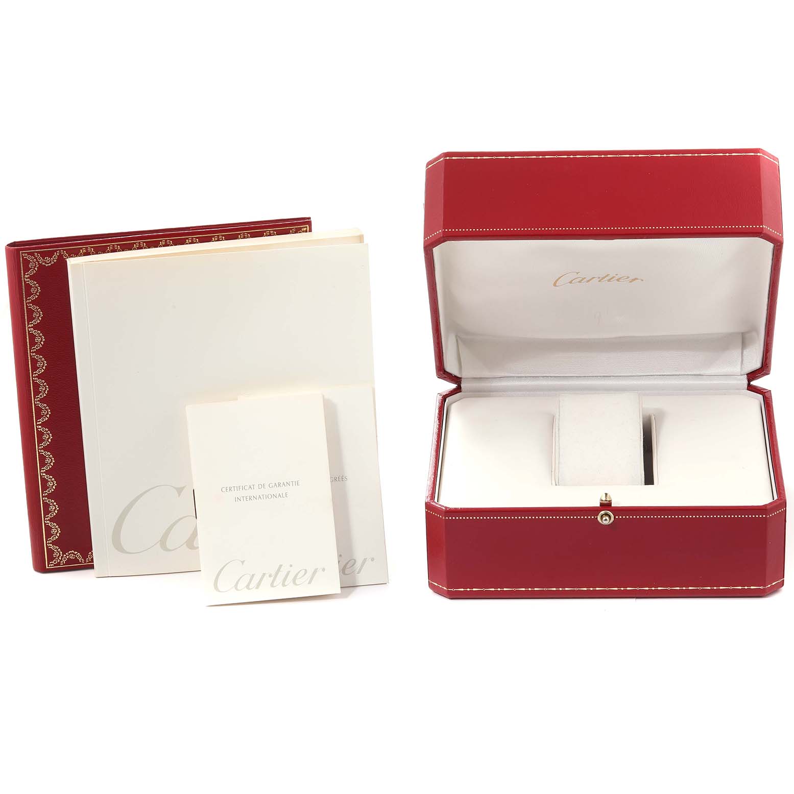 The image shows the packaging, including the box and warranty papers, for a Cartier Pasha W31043M7 Men
s Stainless Steel Black Dial W31043M7 Men
s Stainless Steel Black Dial model watch.