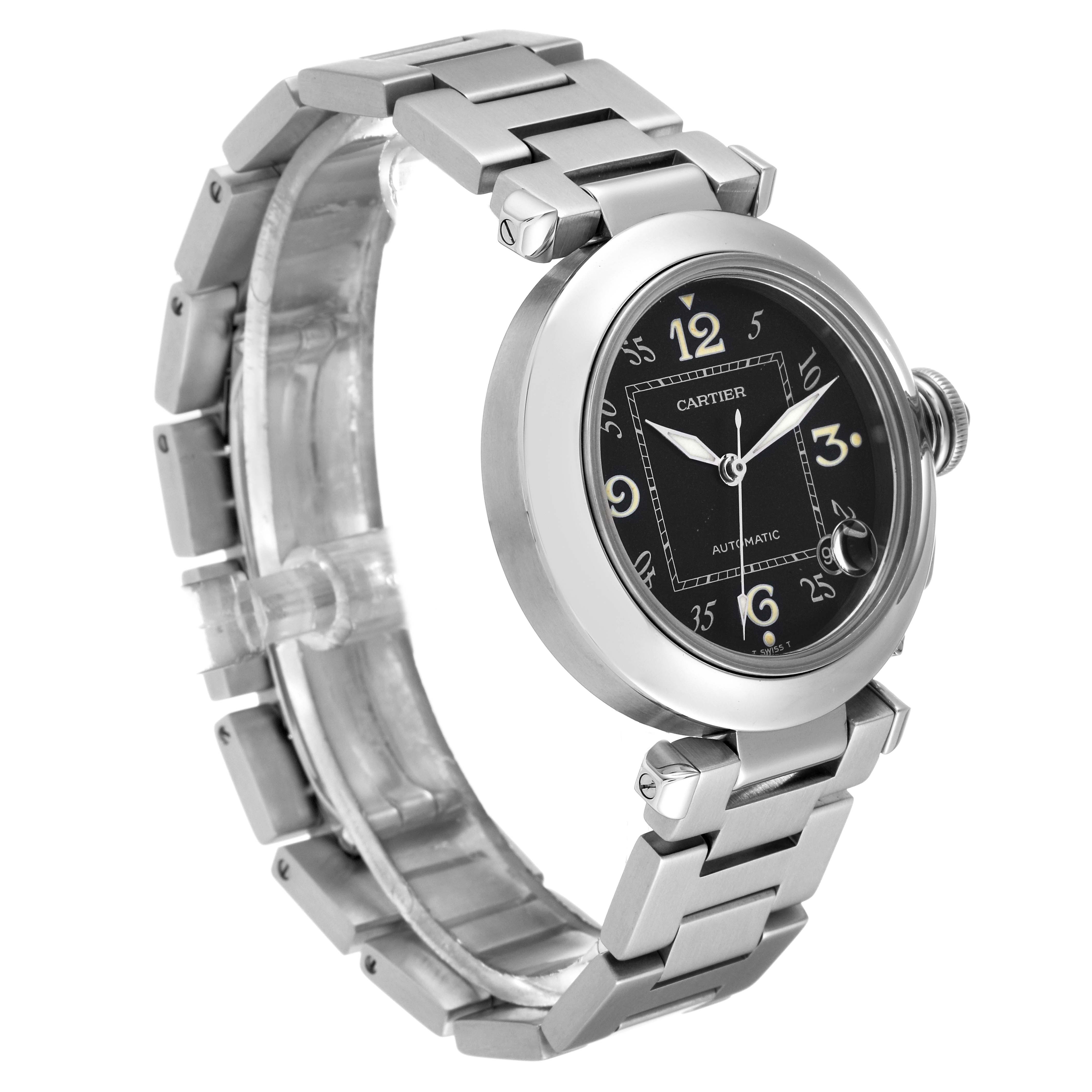 This image shows a Cartier Pasha W31043M7 Men
s Stainless Steel Black Dial W31043M7 Men
s Stainless Steel Black Dial watch from a three-quarter angle, displaying the face, case, and metal bracelet.