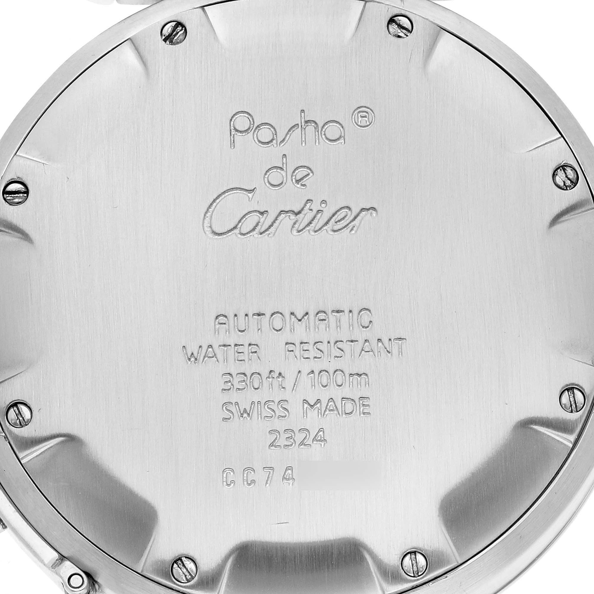 This image shows the back case of a Cartier Pasha W31043M7 Men
s Stainless Steel Black Dial W31043M7 Men
s Stainless Steel Black Dial watch, highlighting its brand marking and specifications.