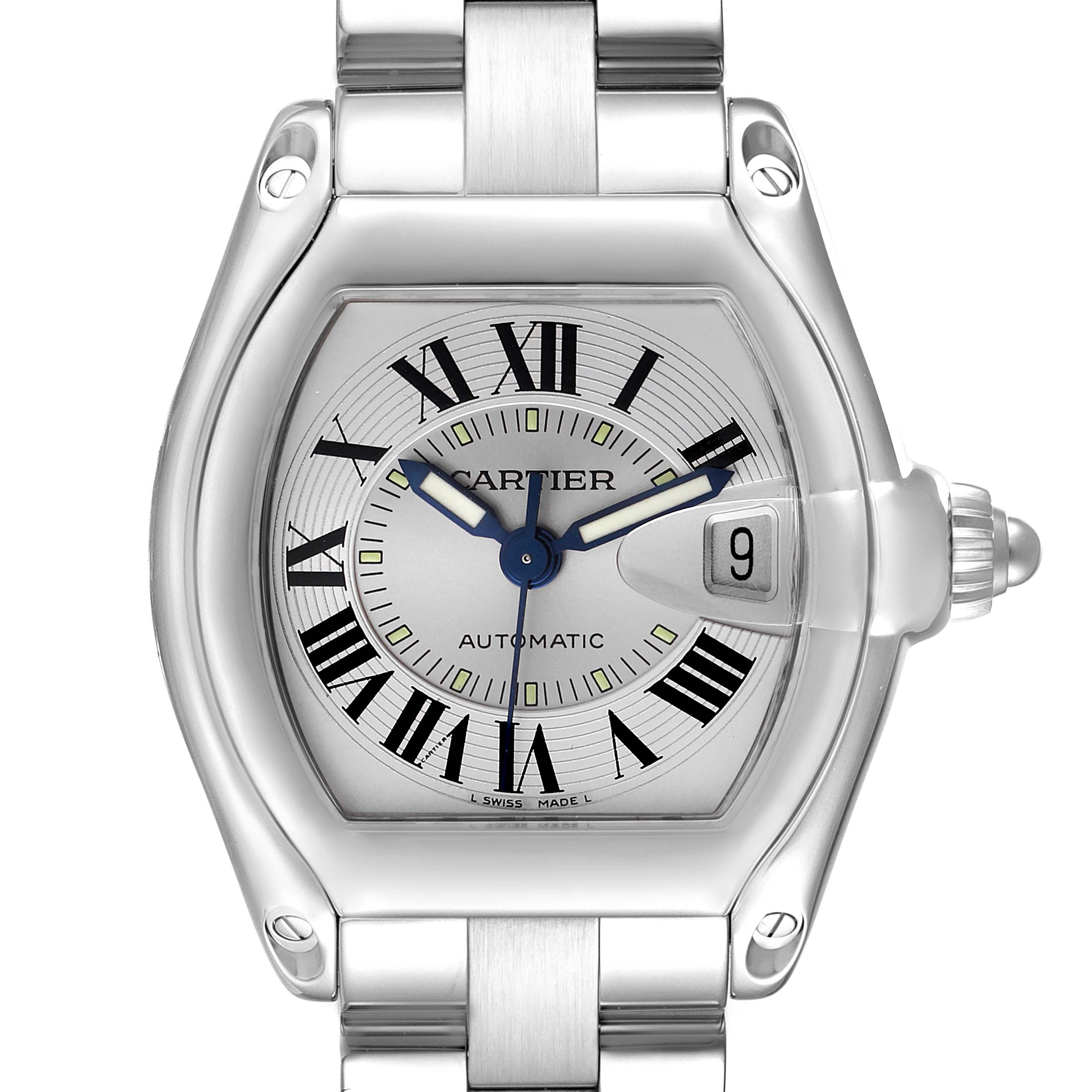 The image shows a Cartier Roadster W62000V3 Men's Stainless Steel Silver Dial W62000V3 Men's Stainless Steel Silver Dial watch in a frontal view, highlighting the dial, hands, date window, and part of the bracelet.