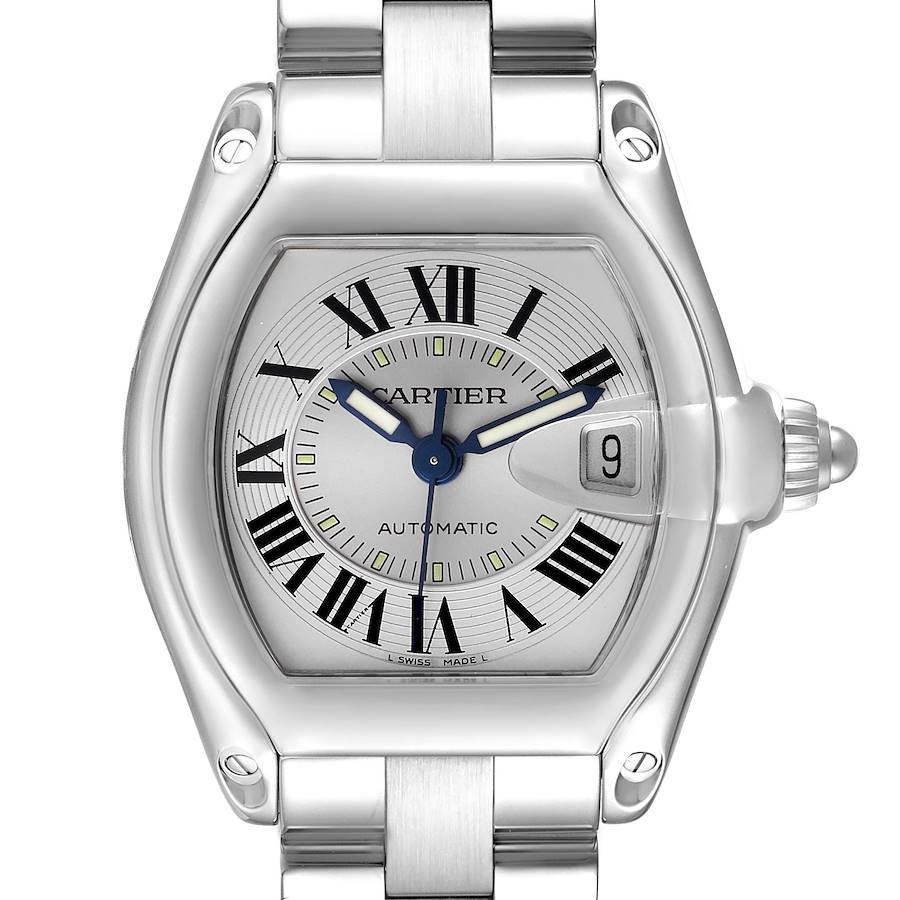 Cartier Roadster Silver Dial Steel Mens Watch W62000V3 Papers SwissWatchExpo