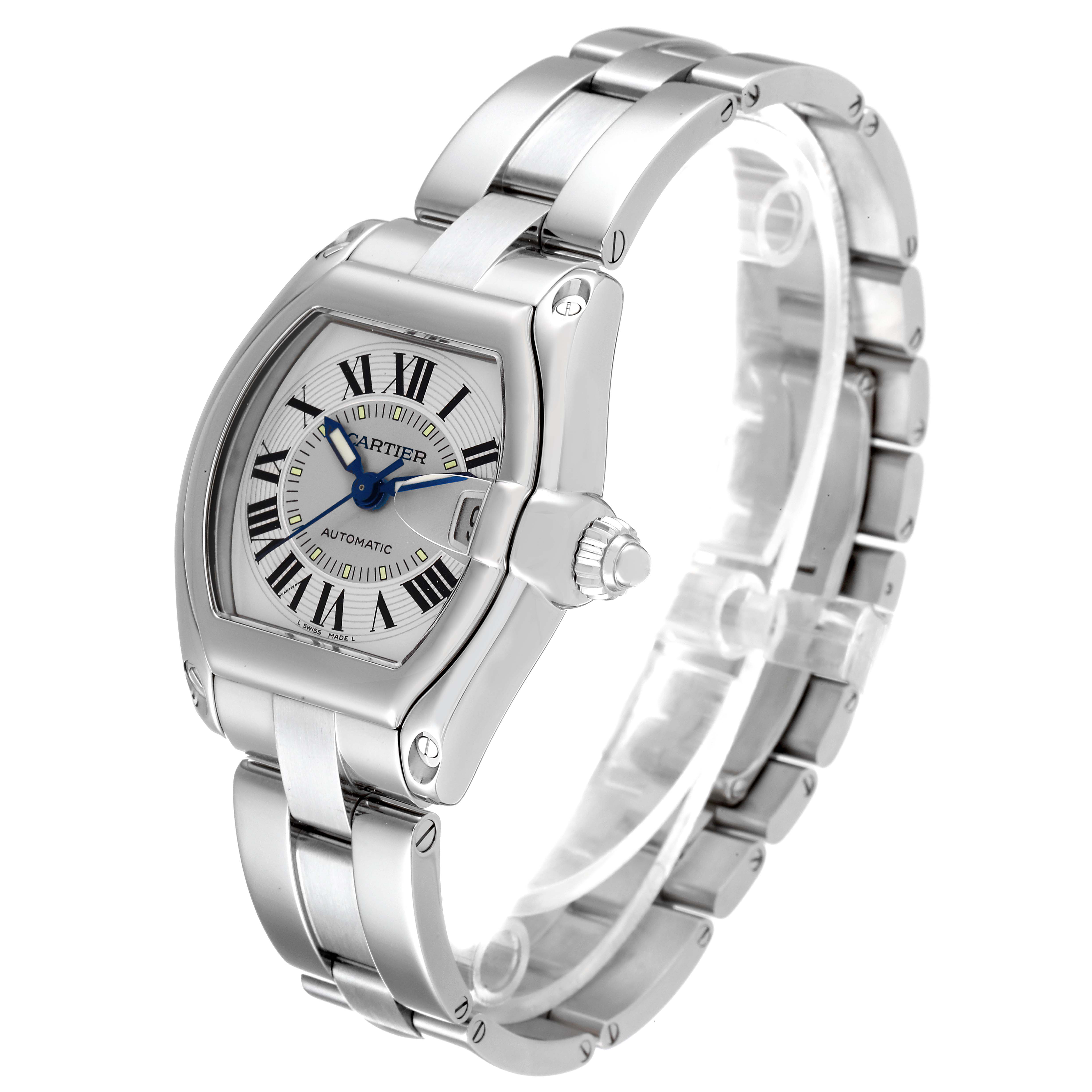 The image shows a Cartier Roadster W62000V3 Men's Stainless Steel Silver Dial W62000V3 Men's Stainless Steel Silver Dial watch from a front angle, highlighting the face, bezel, crown, and bracelet.