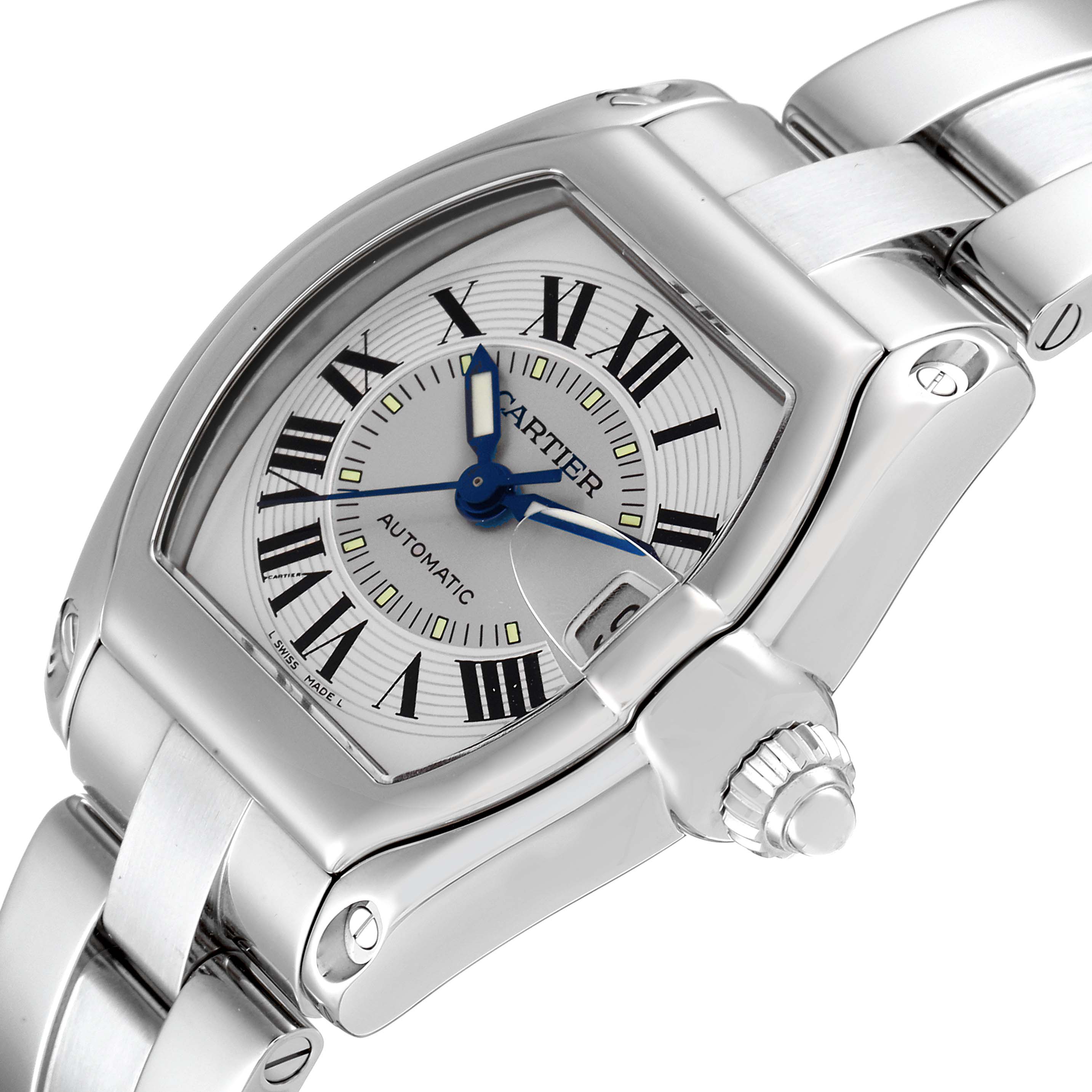The Cartier Roadster W62000V3 Men's Stainless Steel Silver Dial W62000V3 Men's Stainless Steel Silver Dial watch is shown at an angled close-up, highlighting the face, bezel, crown, and part of the bracelet.