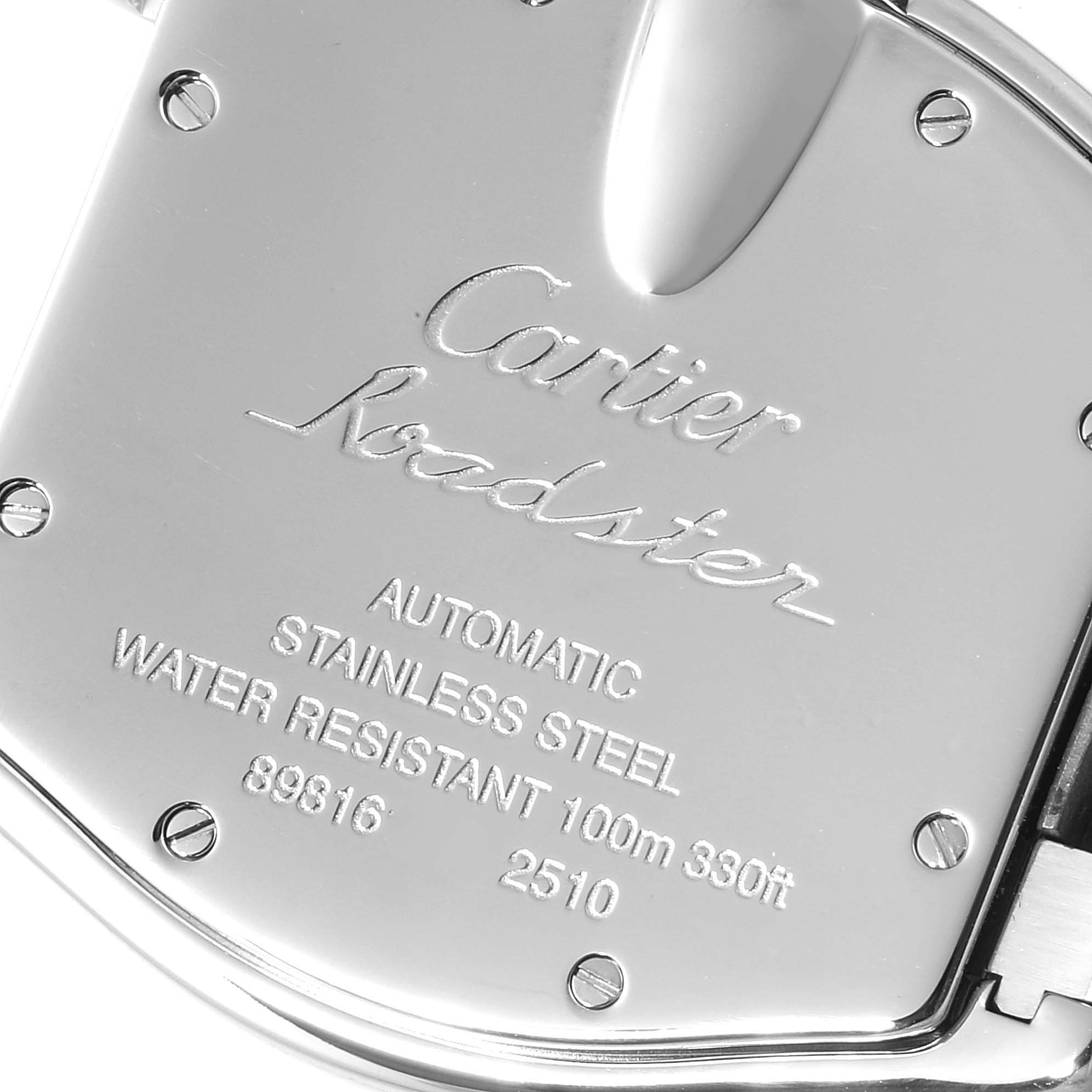 The image shows the back case of a Cartier Roadster W62000V3 Men's Stainless Steel Silver Dial W62000V3 Men's Stainless Steel Silver Dial watch, displaying model details and screw-fastened cover.
